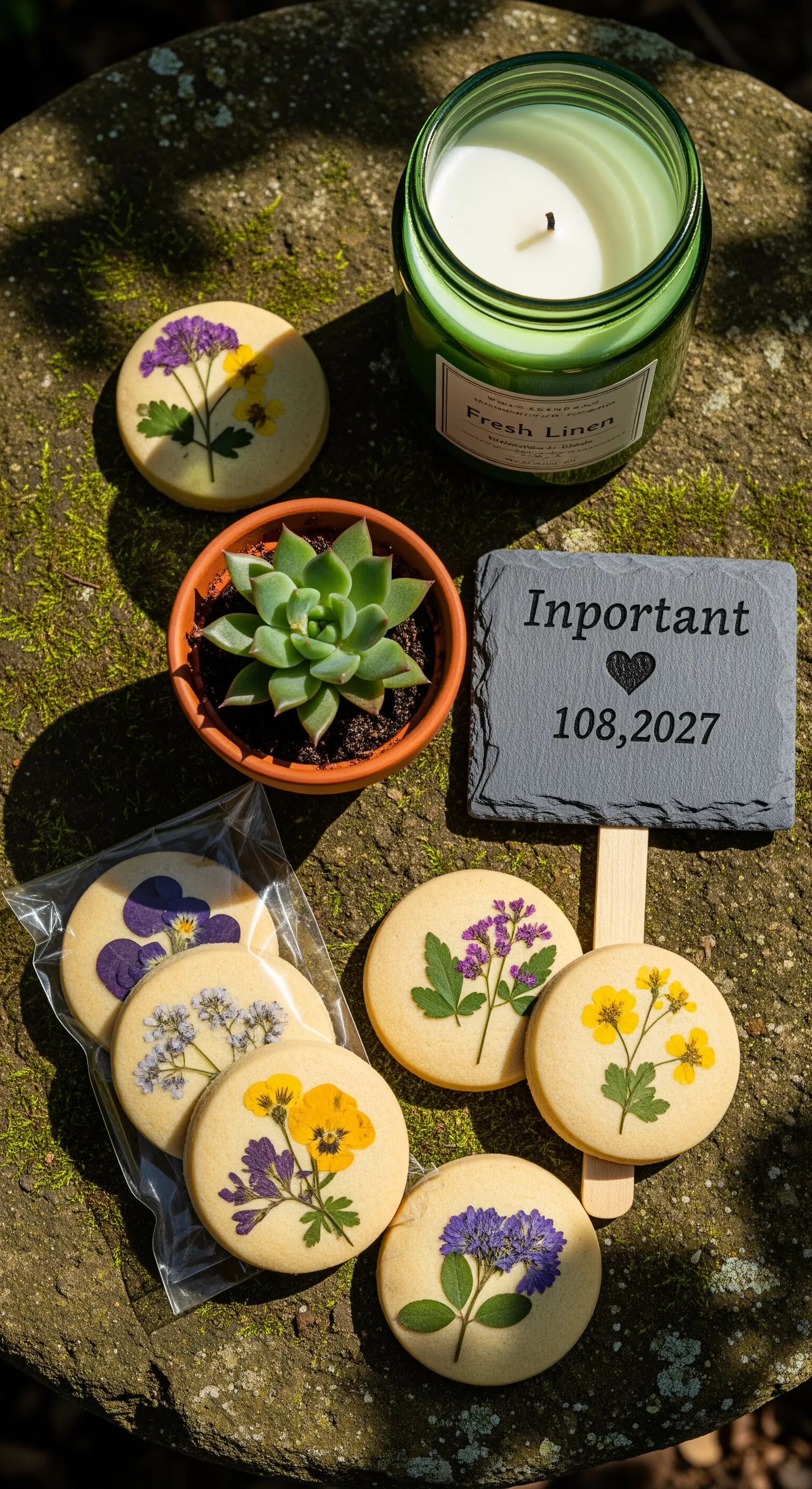 Biscotti con fiori eduli pressati, una pianta grassa e una candela profumata.