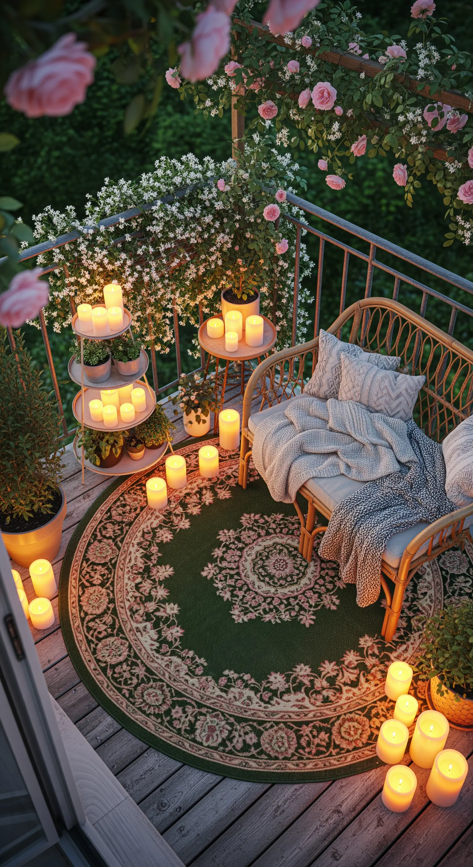 Balcone con divanetto in rattan, tappeto verde rotondo e cascate di fiori e candele.