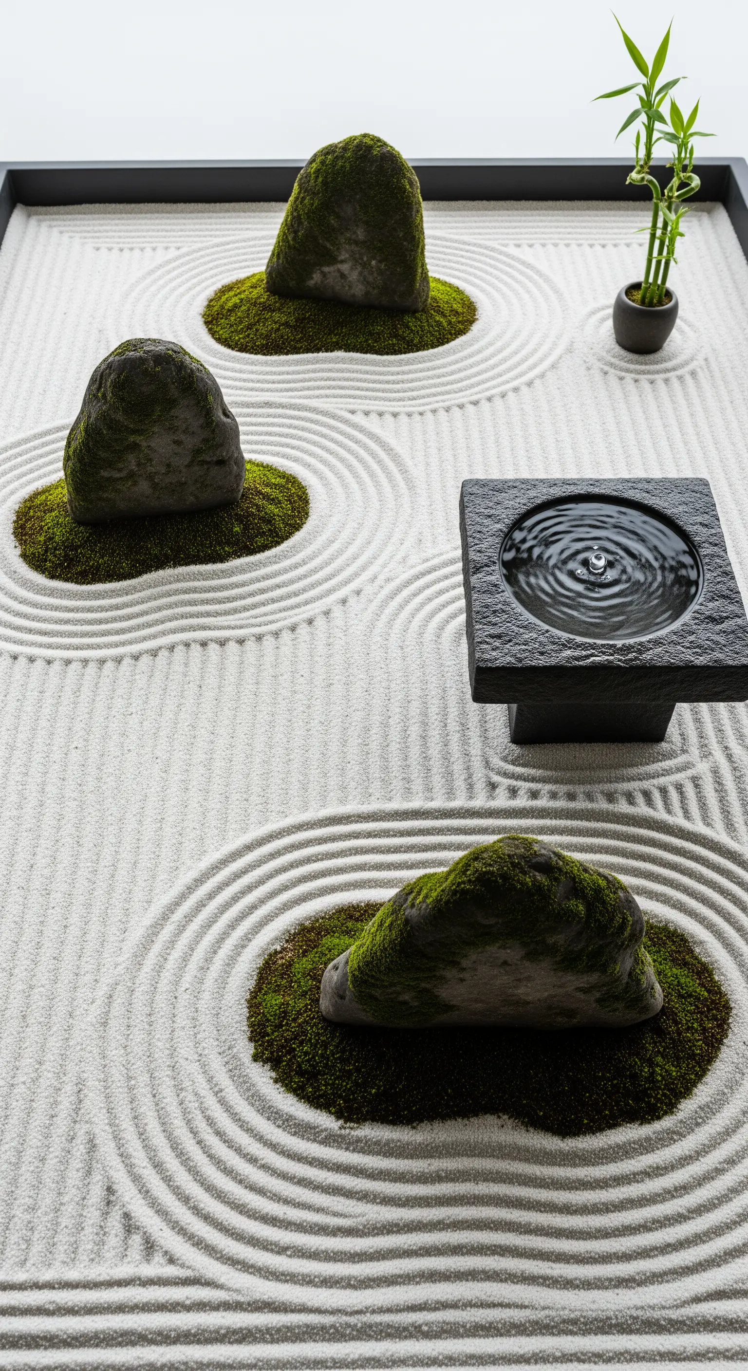 Giardino zen in miniatura con sabbia rastrellata, rocce con muschio e una vasca d'acqua.