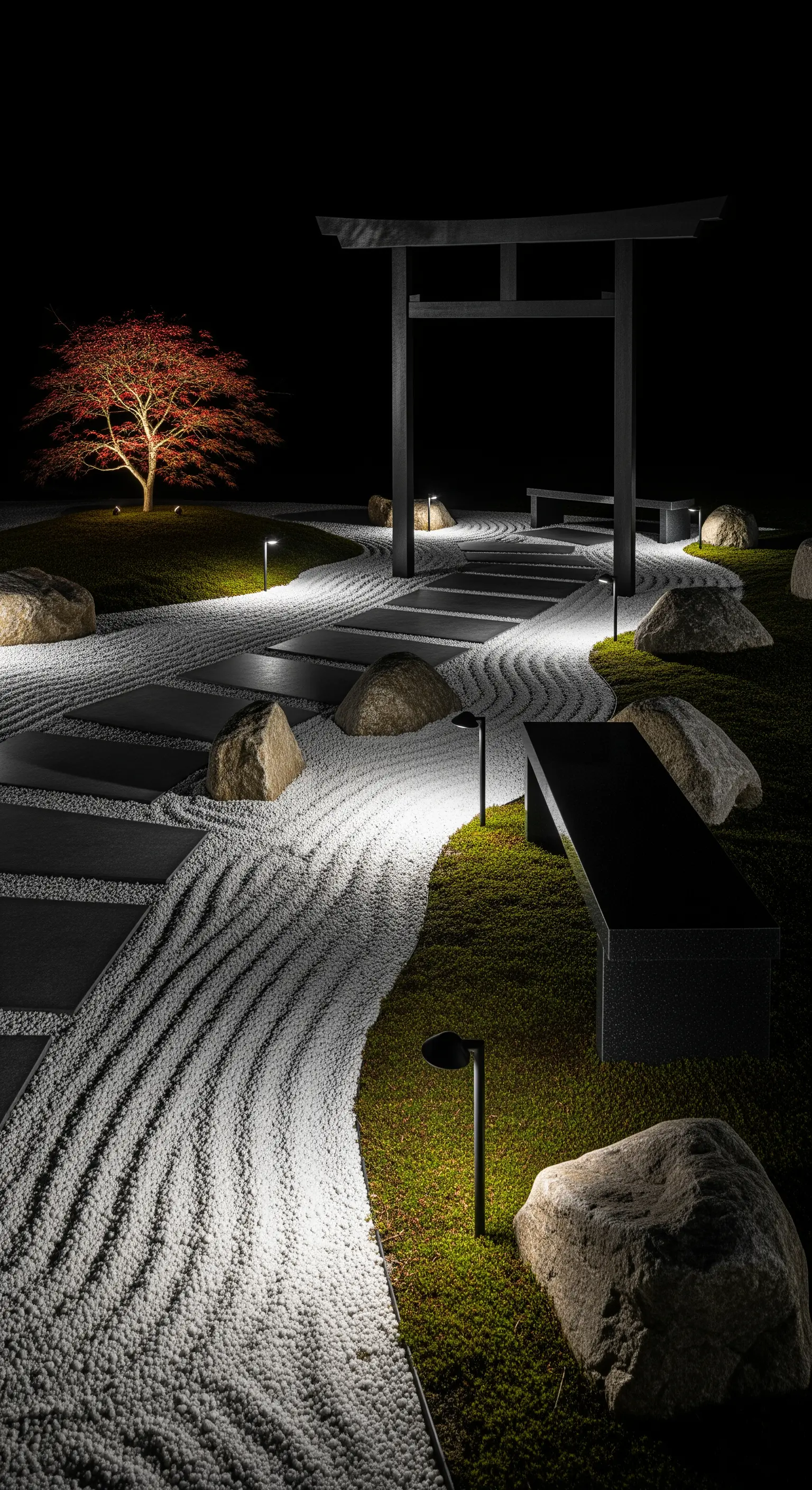 Giardino zen di notte con sabbia bianca rastrellata e illuminazione minimale su rocce e sentieri.