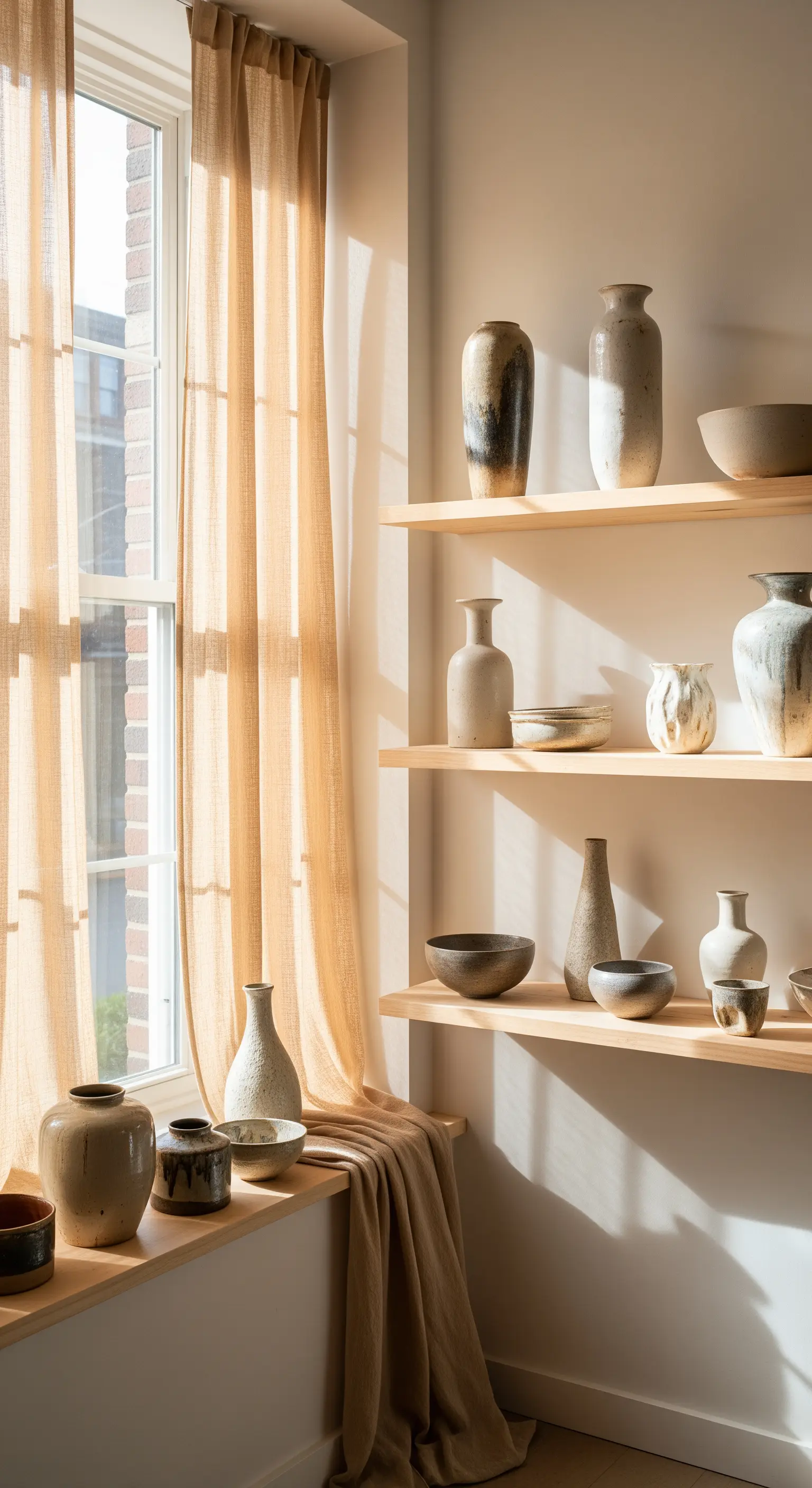 Collezione di ceramiche su mensole accanto a una finestra con tenda ocra.