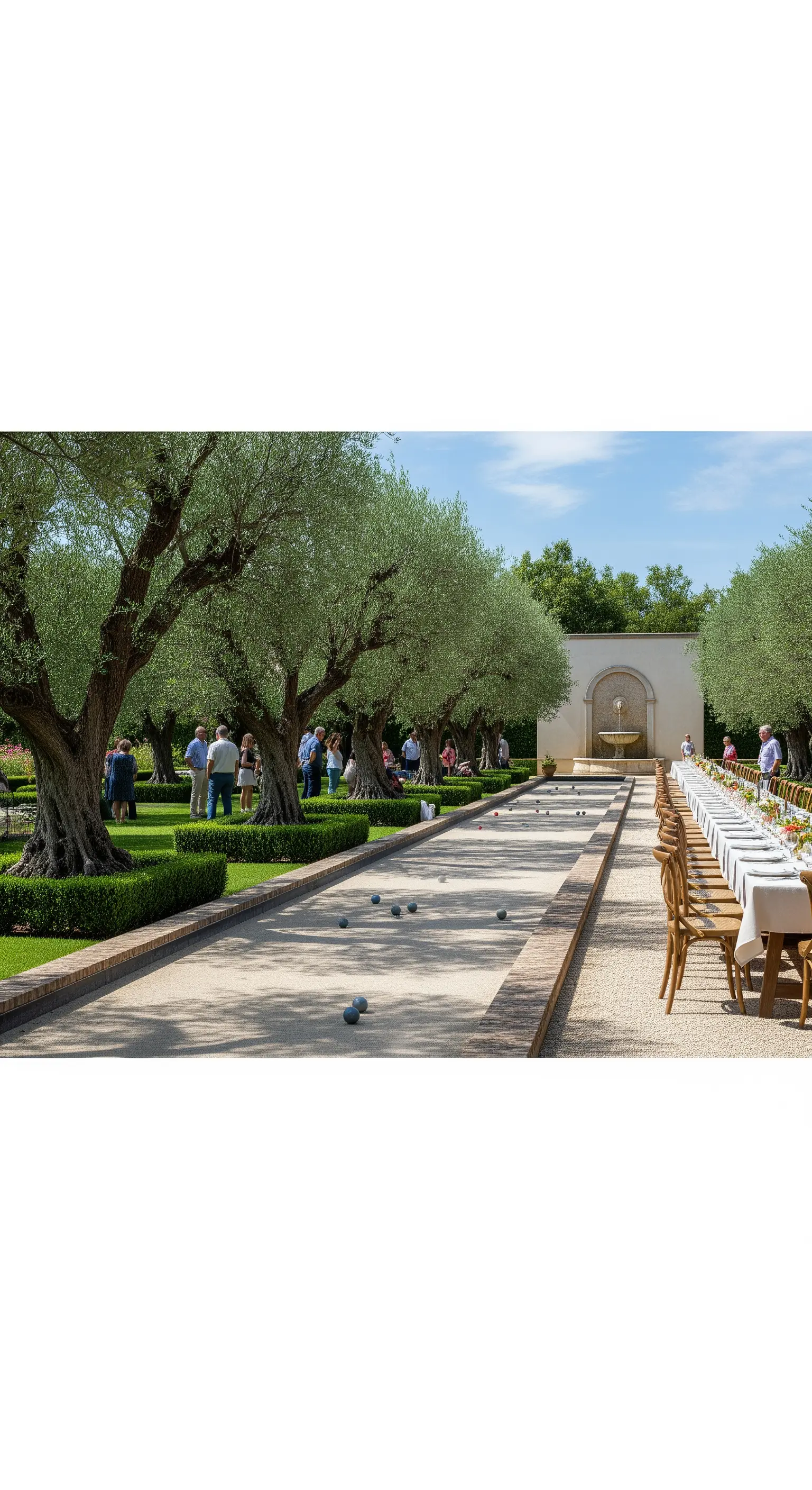 Giardino con campo da bocce, ulivi e un lungo tavolo per banchetti all'aperto.