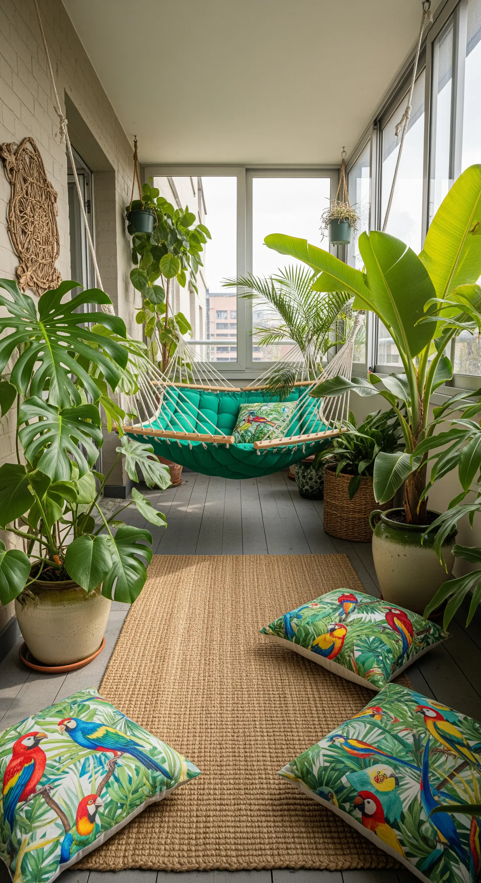 Amaca verde in una veranda luminosa circondata da grandi piante tropicali e cuscini a tema.