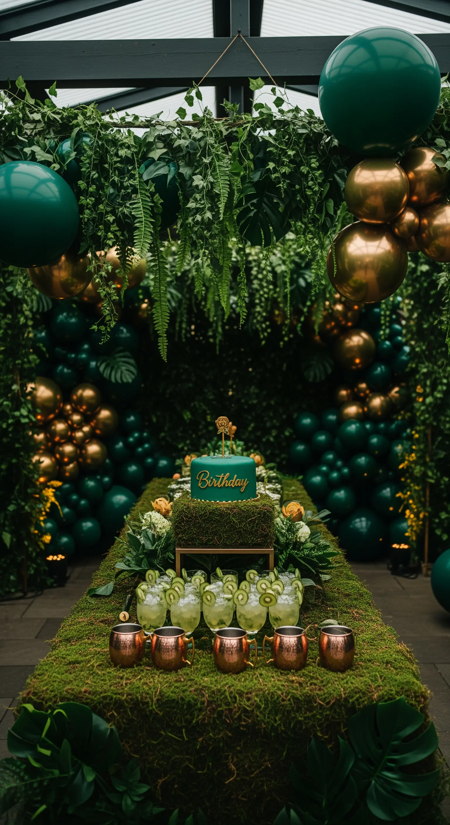 Tavolo da buffet a tema giungla coperto di muschio, con palloncini verdi e oro.