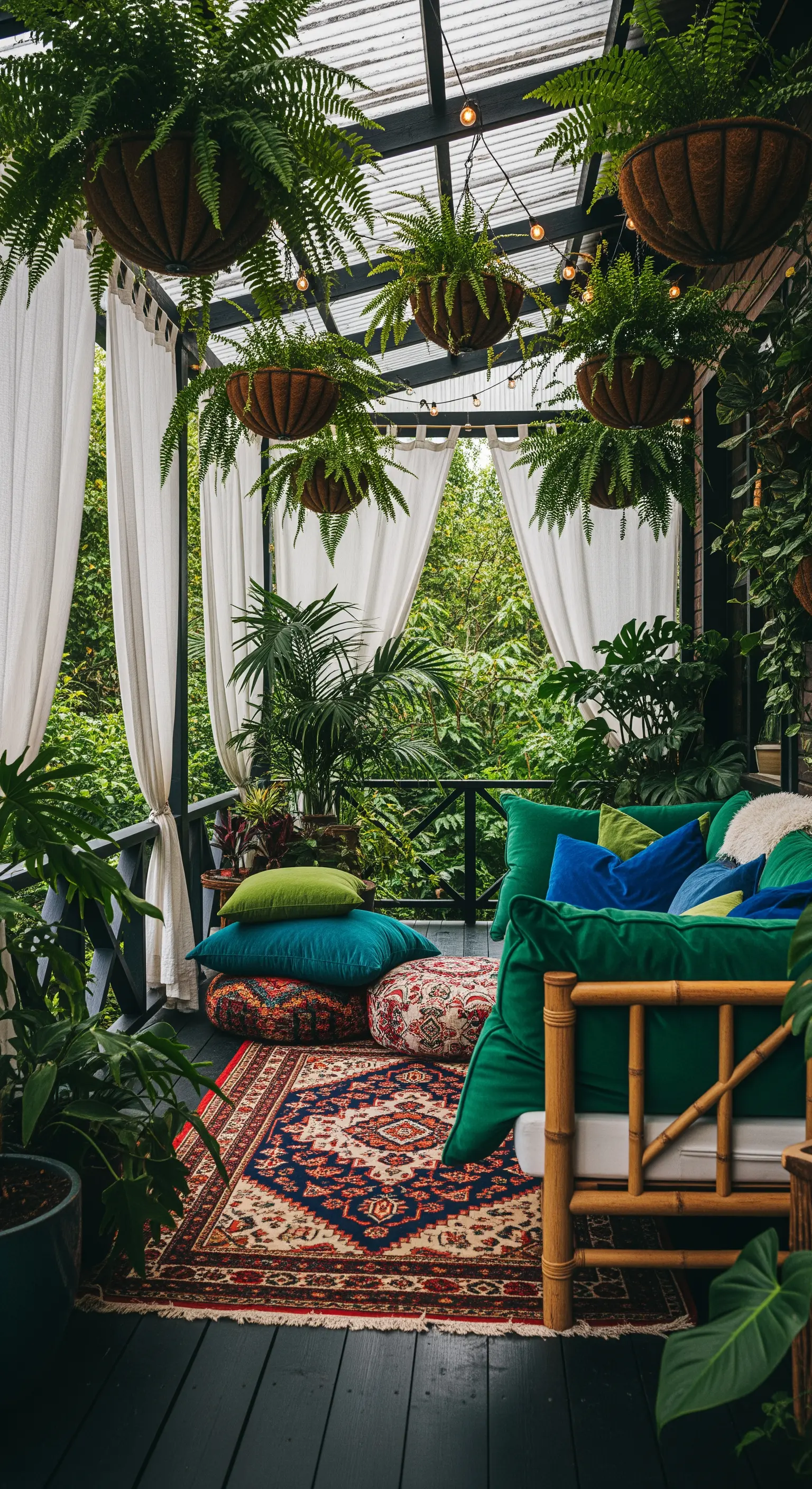 Veranda rigogliosa con piante sospese, cuscini a terra e un divano in bambù.