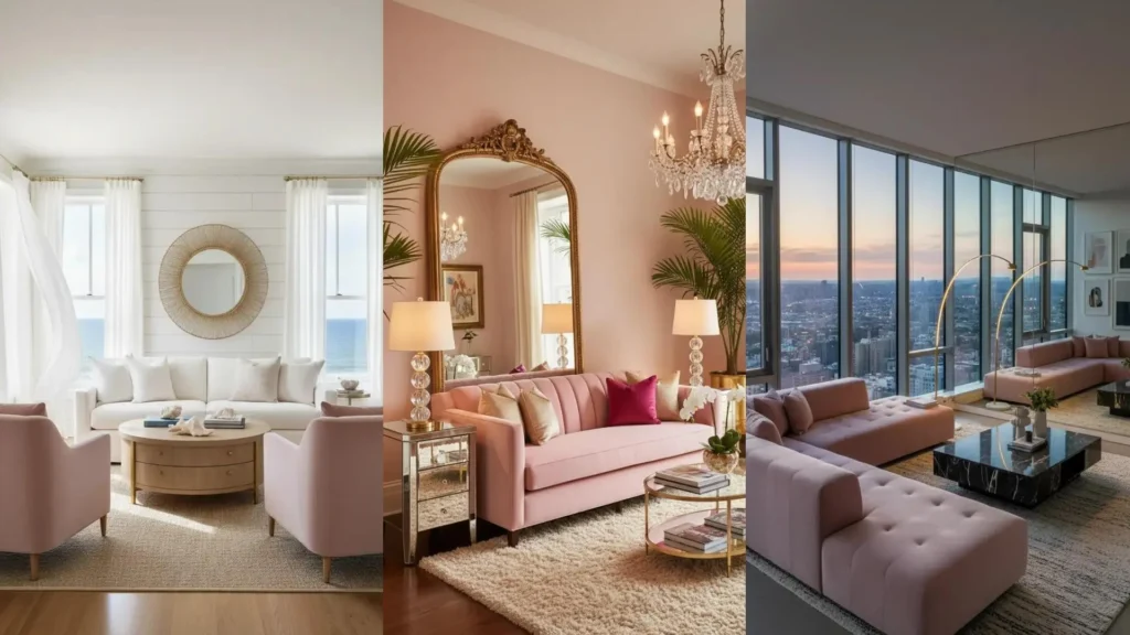 Salotto glamour contemporaneo con grande specchio dorato, divano in velluto rosa cipria e dettagli oro. Vista urbana.