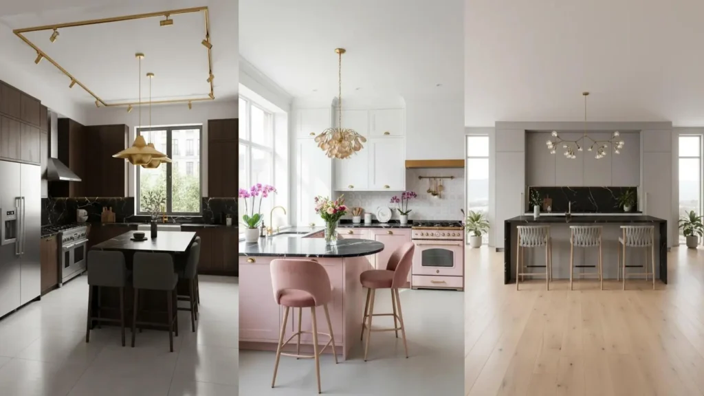 Cucine glamour: piani in marmo nero lucido, lampadari dorati e sedute imbottite creano un ambiente lussuoso e moderno.