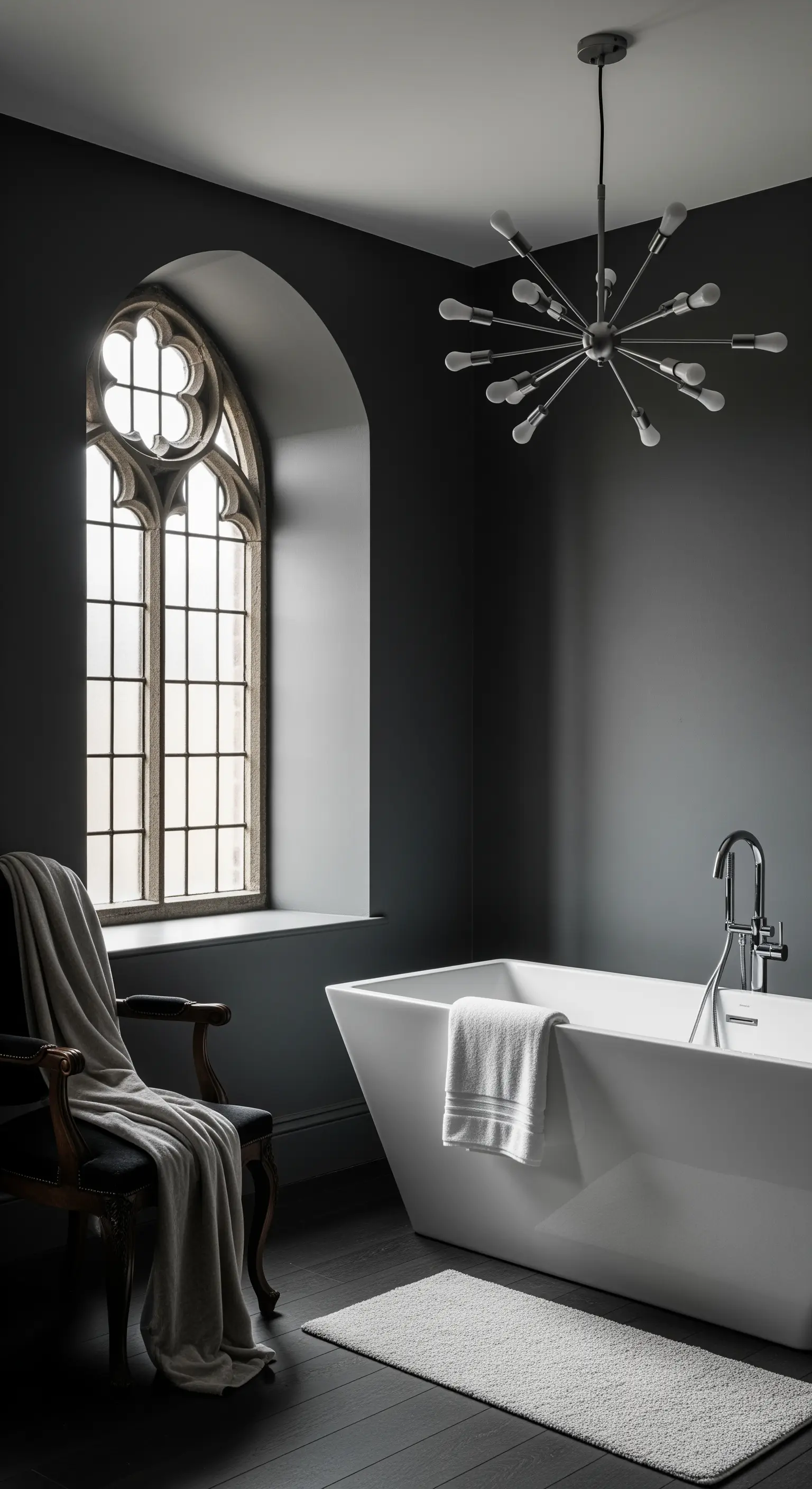 Bagno con finestra gotica, pareti scure, vasca moderna e lampadario Sputnik.