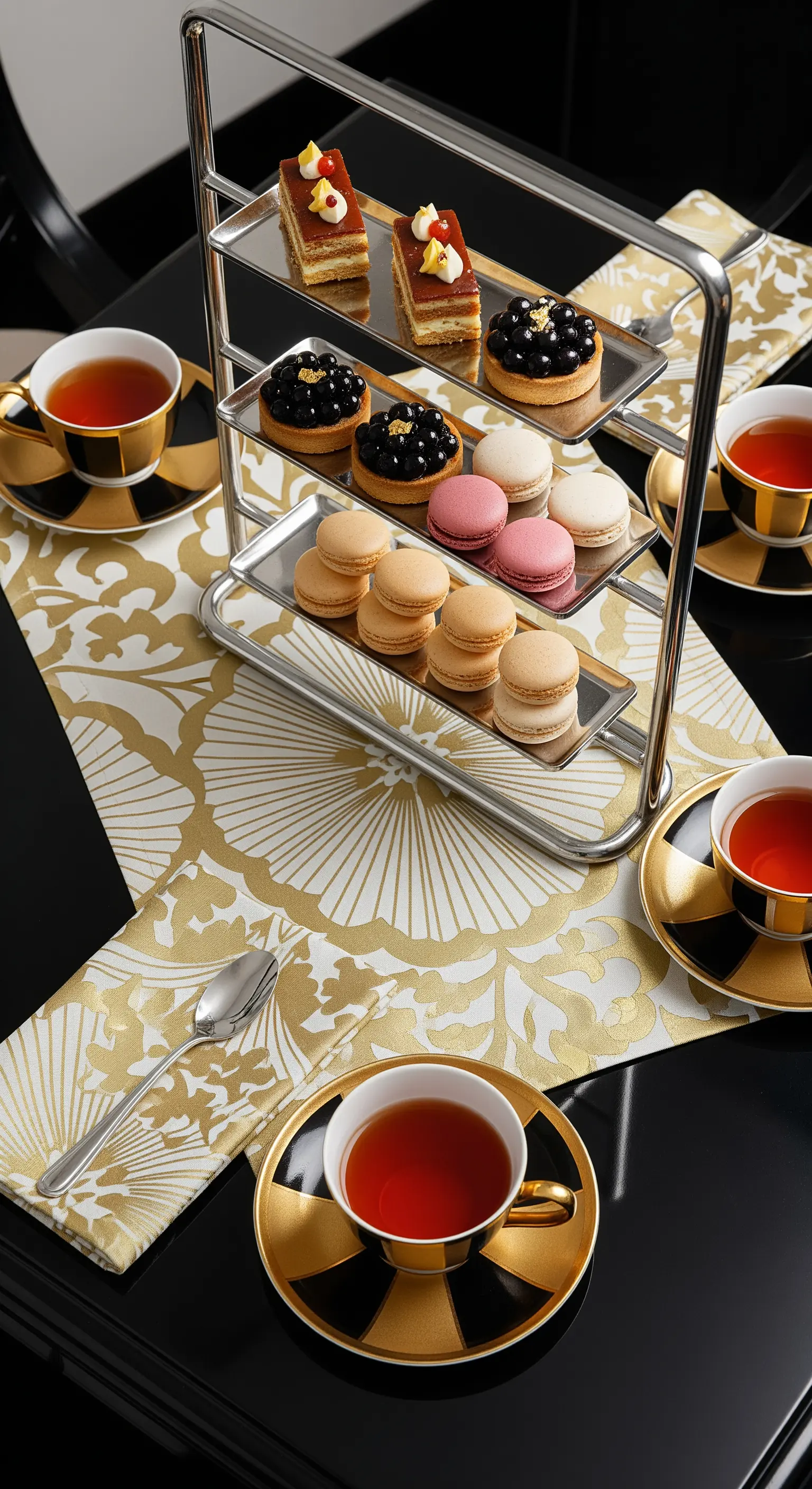 Tavola da tè moderna con runner geometrico oro, tazze nere e oro e macarons