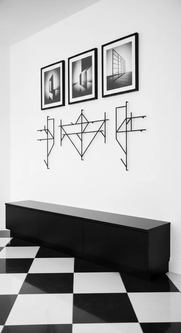 Panca nera su pavimento a scacchi, con ganci scultorei e fotografie in bianco e nero.