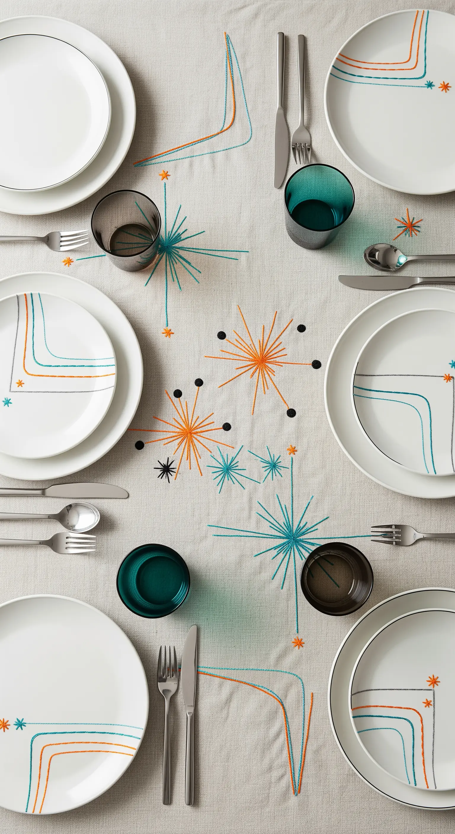 Tavola Mid-Century Modern con ricami astratti colorati, piatti bianchi e bicchieri scuri.