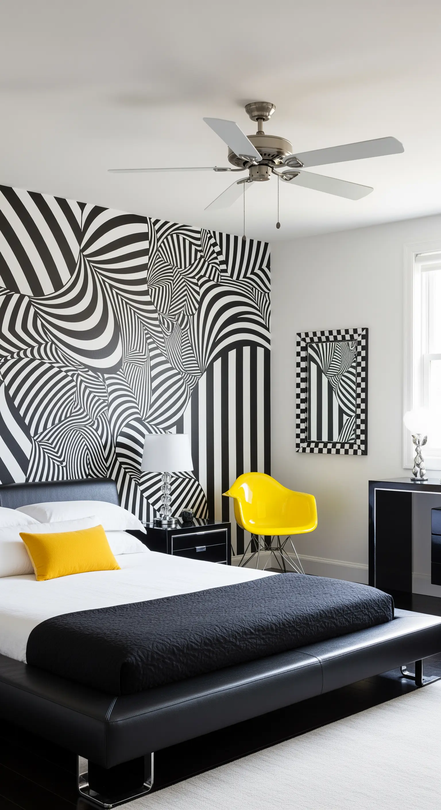 Camera da letto moderna con un murale optical in bianco e nero e un accento giallo.