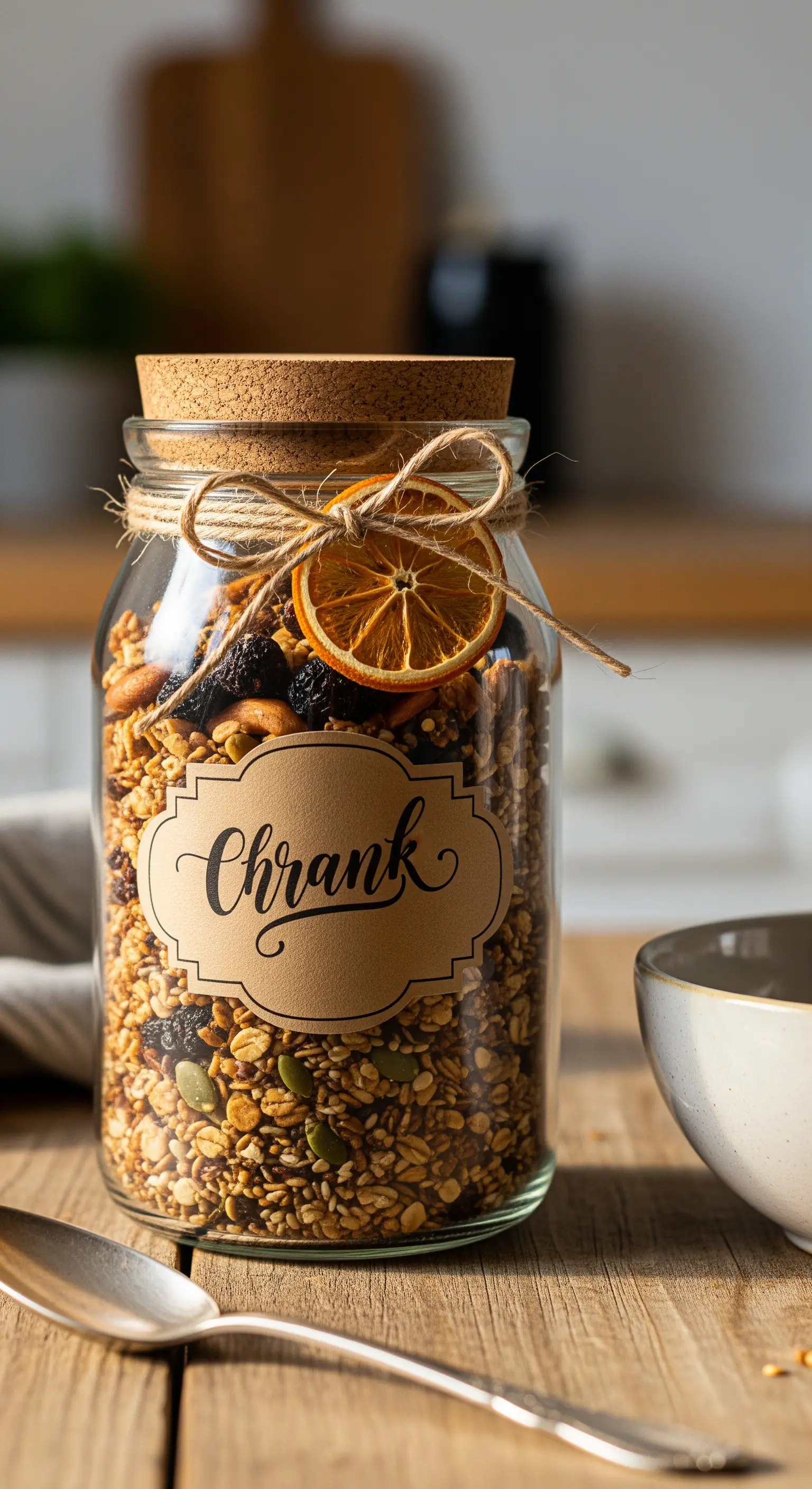 Barattolo di vetro con granola fatta in casa, etichetta personalizzata e una fetta d'arancia secca.
