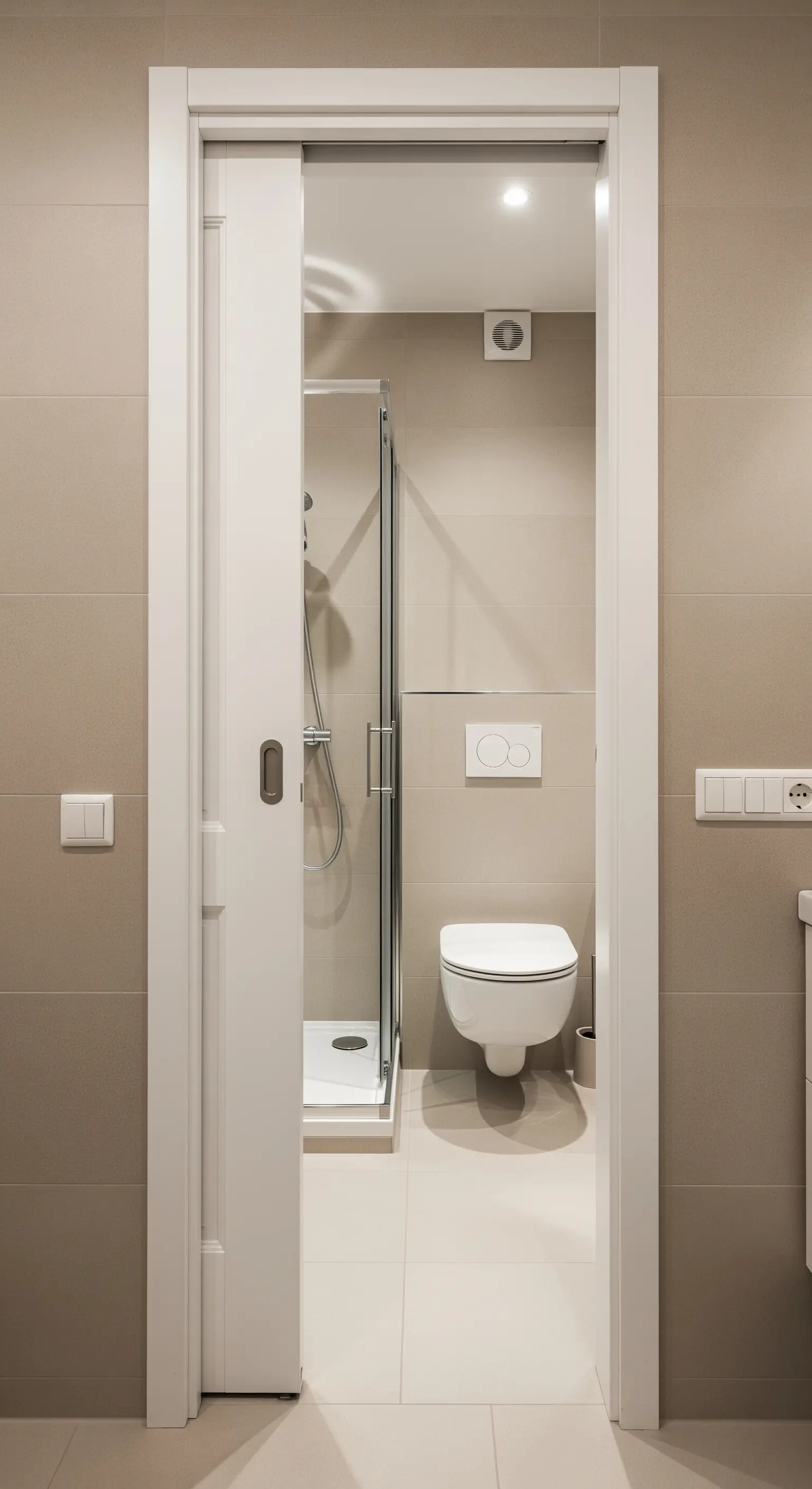 Piccolo bagno con porta scorrevole a scomparsa bianca aperta su un ambiente color crema.