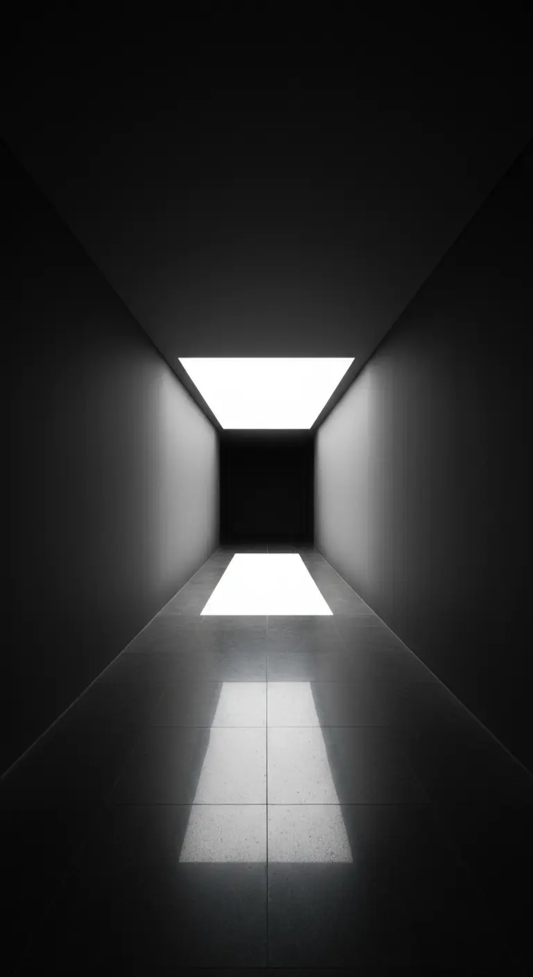 Corridoio minimalista e scuro con pannelli luminosi rettangolari sul soffitto e sul pavimento.