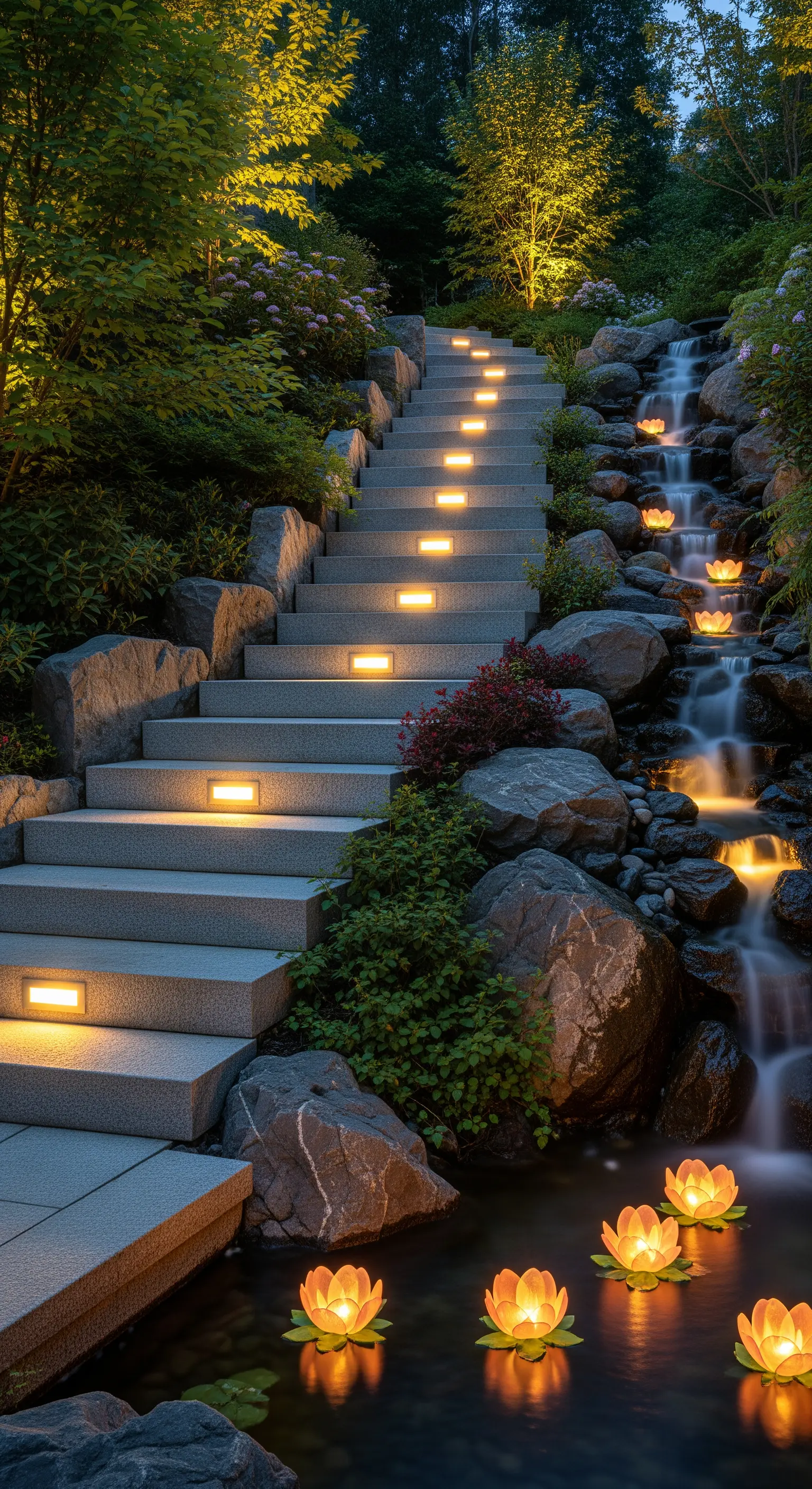 Scala in pietra con luci segnapasso integrate, accanto a una cascata con fiori di loto luminosi.