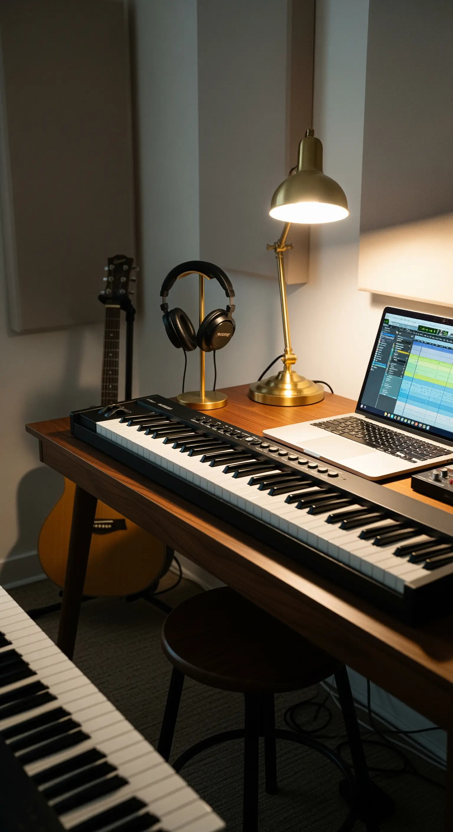 Postazione per la produzione musicale con tastiera, laptop e lampada in ottone.