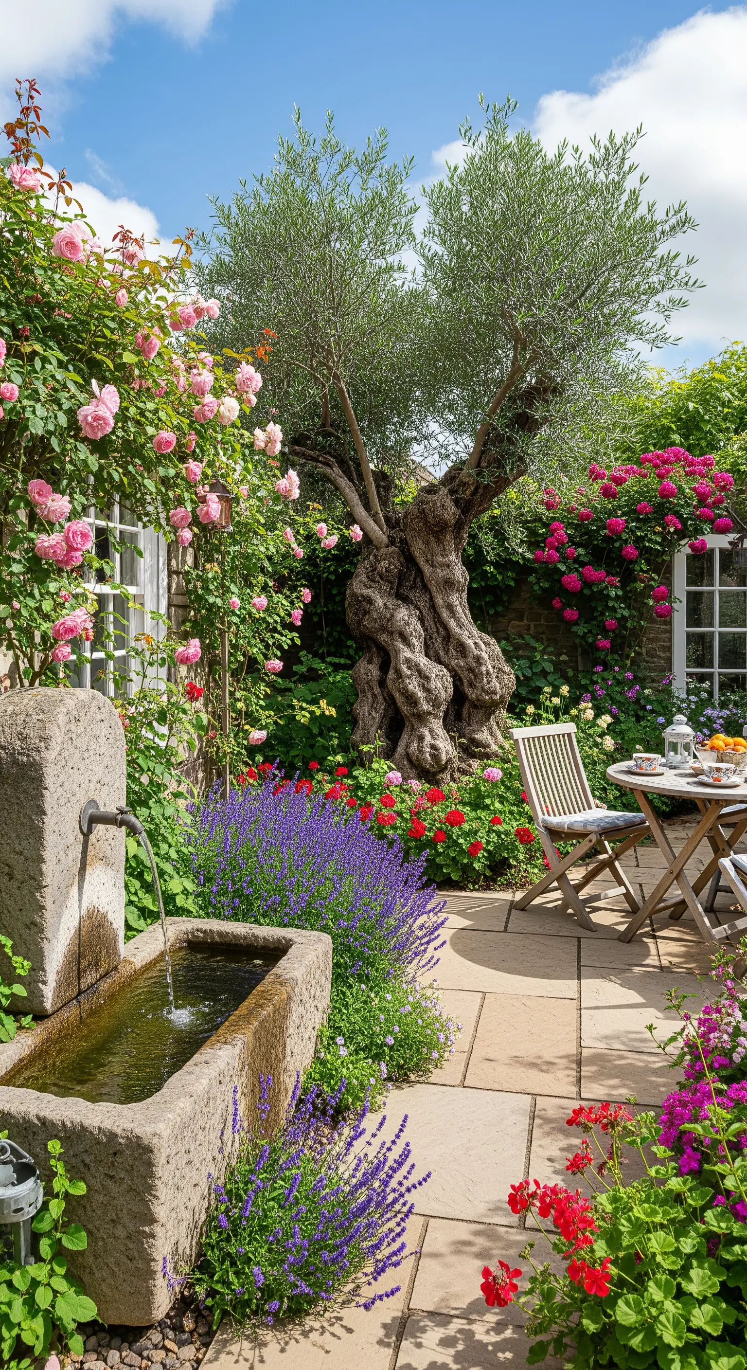 Giardino cottage con rose rampicanti rosa, lavanda e un ulivo dal tronco contorto.