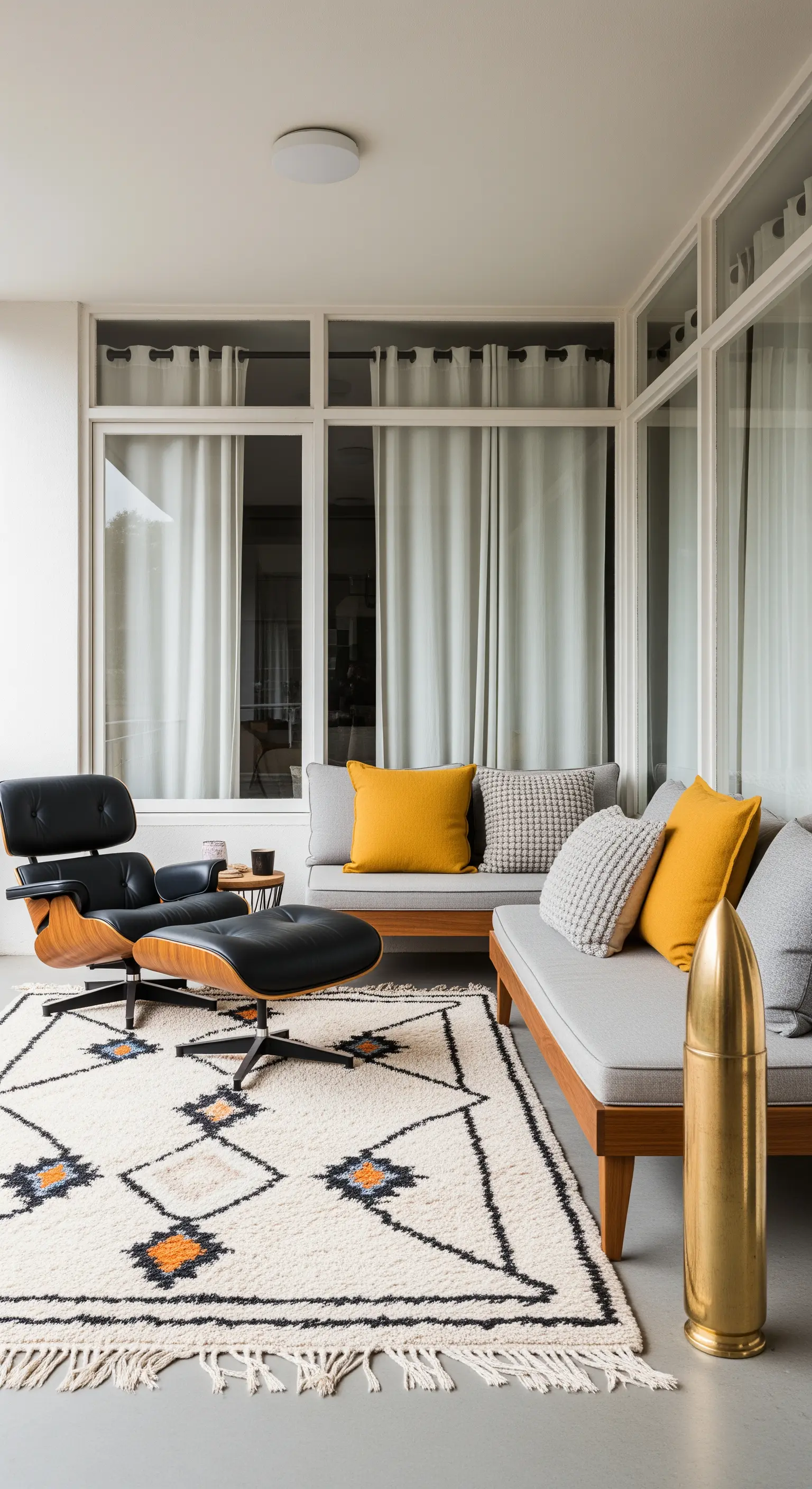 Patio moderno con poltrona Eames, divano grigio con cuscini gialli e tappeto etnico.
