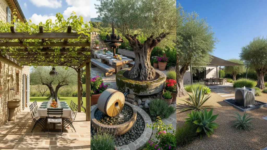Giardini mediterranei con ulivi antichi, fontane in pietra e accoglienti angoli per cene all'aperto.