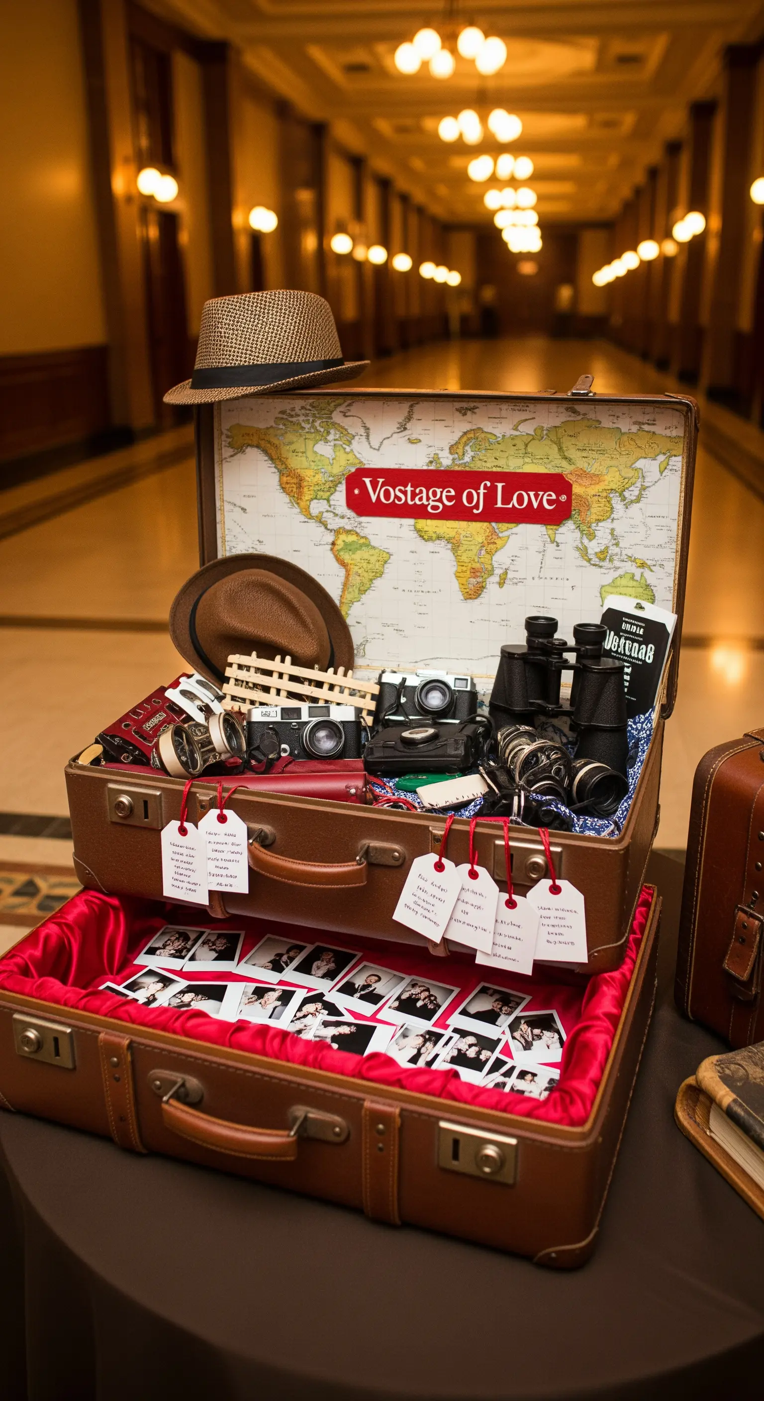 Valigie vintage impilate e decorate a tema viaggio, con etichette per messaggi e polaroid.