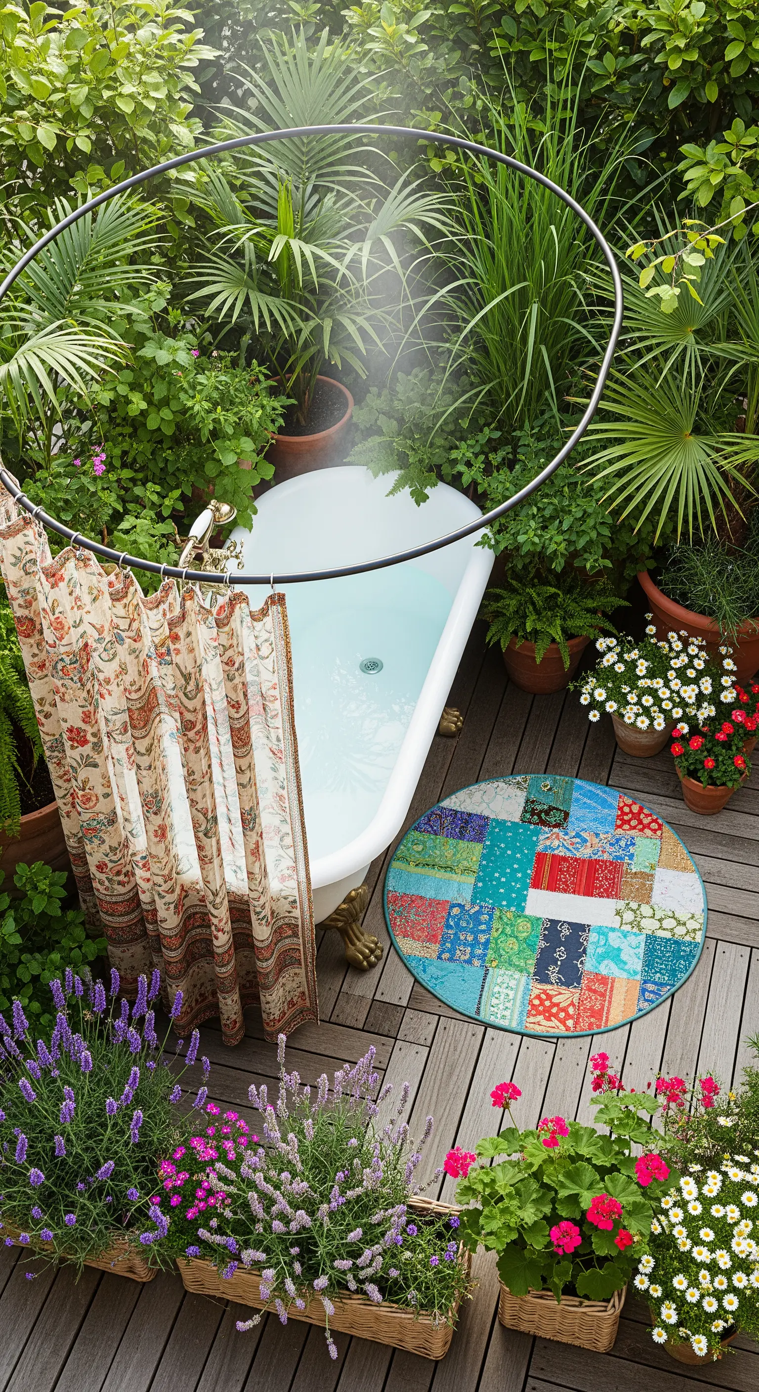 Vasca da bagno vintage su una terrazza in legno, circondata da piante, con tenda e tappeto patchwork.