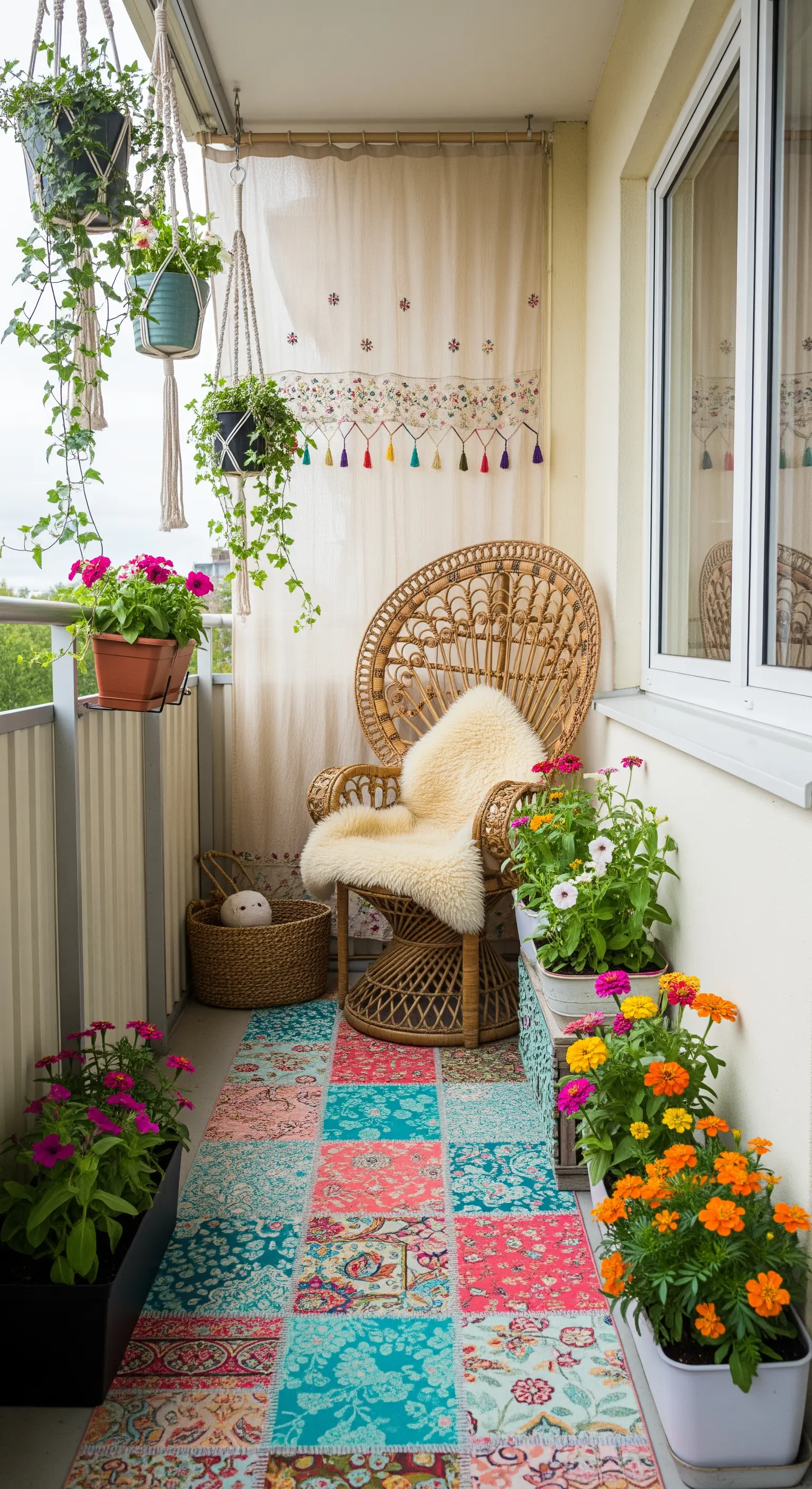 Balcone stretto con sedia pavone in rattan, piante appese in macramè e un runner patchwork colorato.