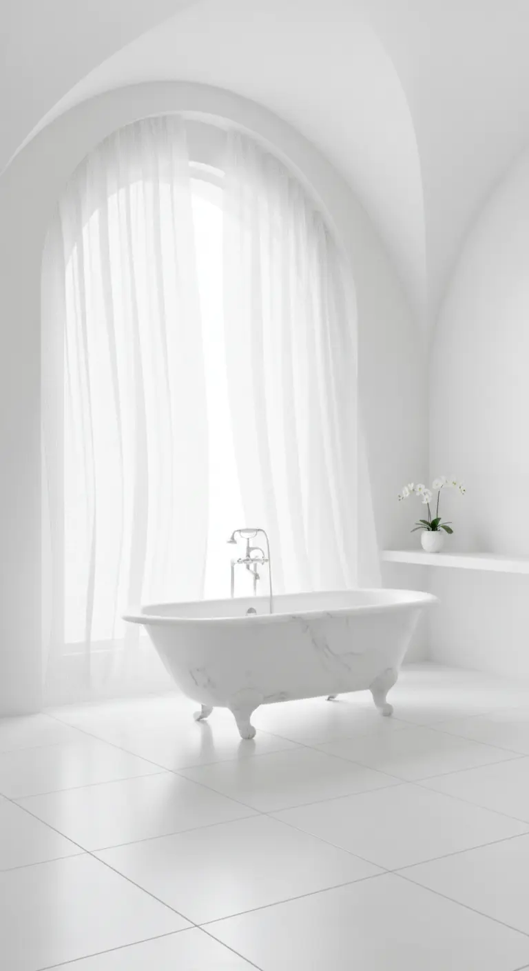 Bagno total white con vasca freestanding in marmo e una grande tenda bianca davanti a una finestra ad arco.