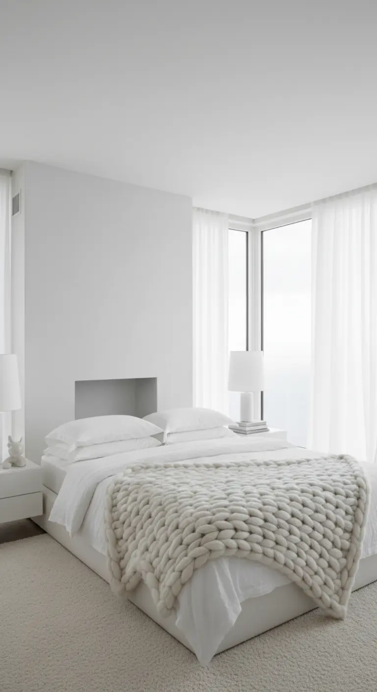 Camera da letto minimalista total white con una spessa coperta di lana a maglia grossa.