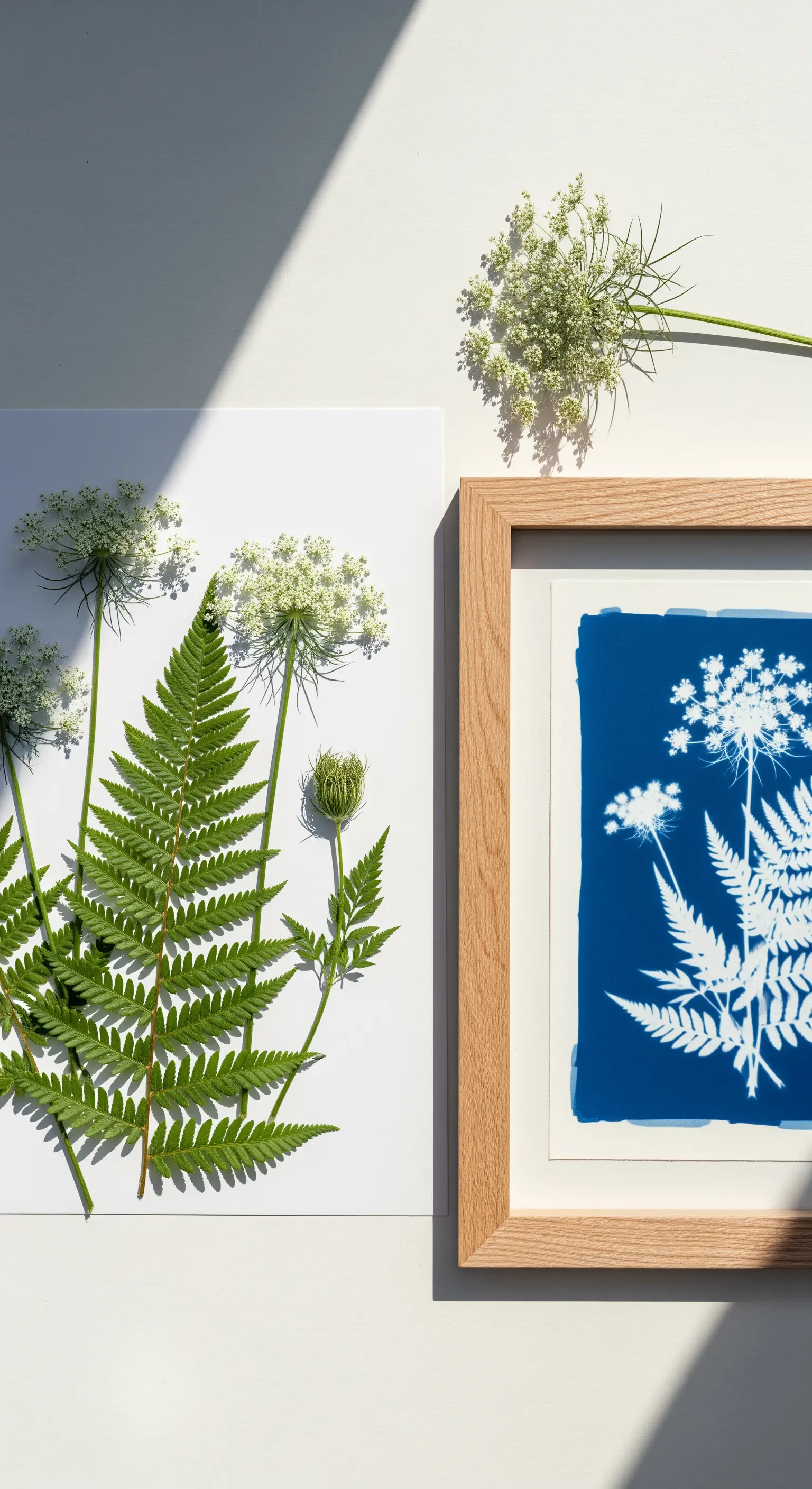 Una stampa cianotipica blu di felci e fiori accanto alle piante originali.