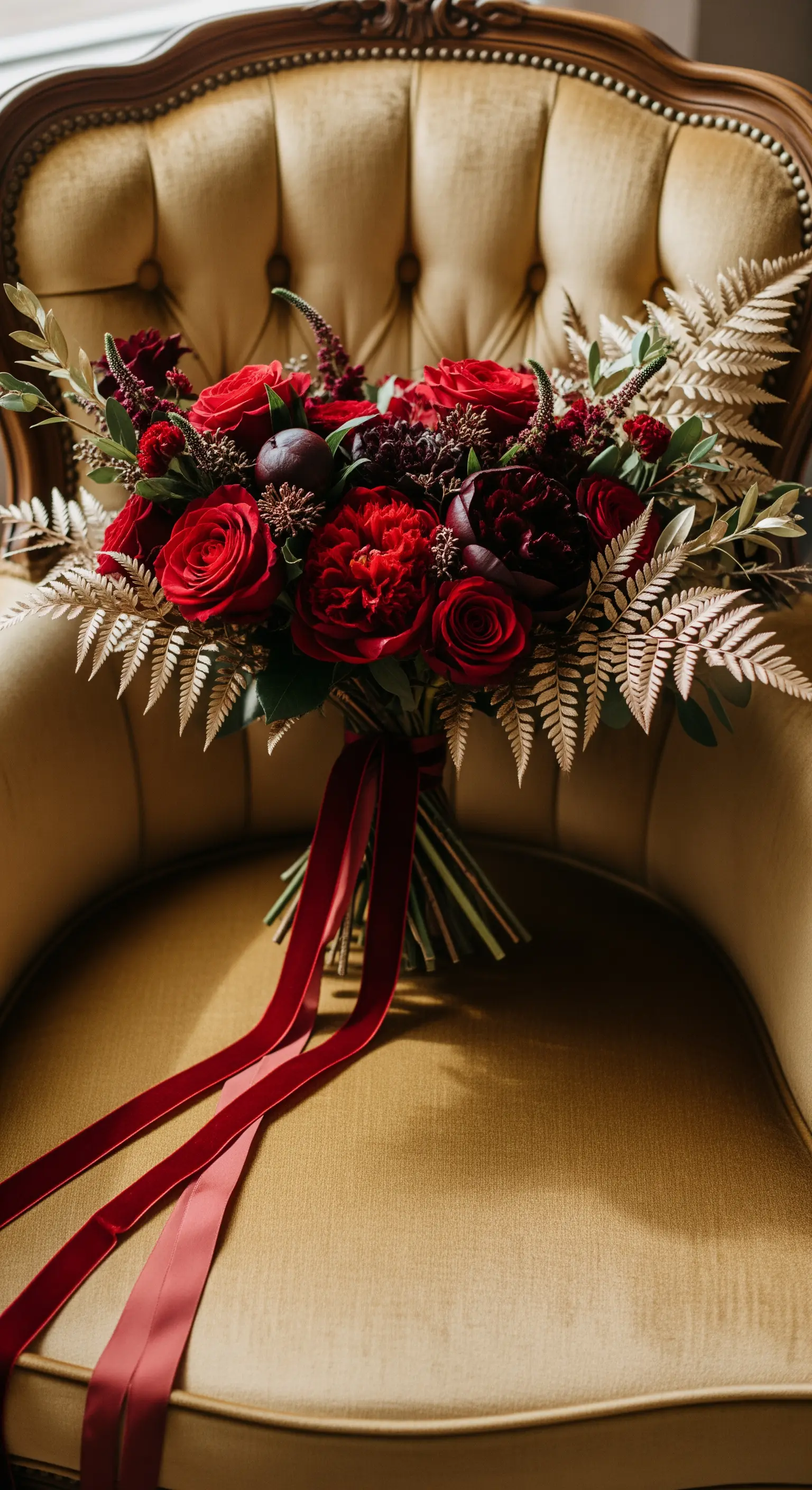 Bouquet da sposa con rose rosse intense, felci dorate e lunghi nastri di velluto.