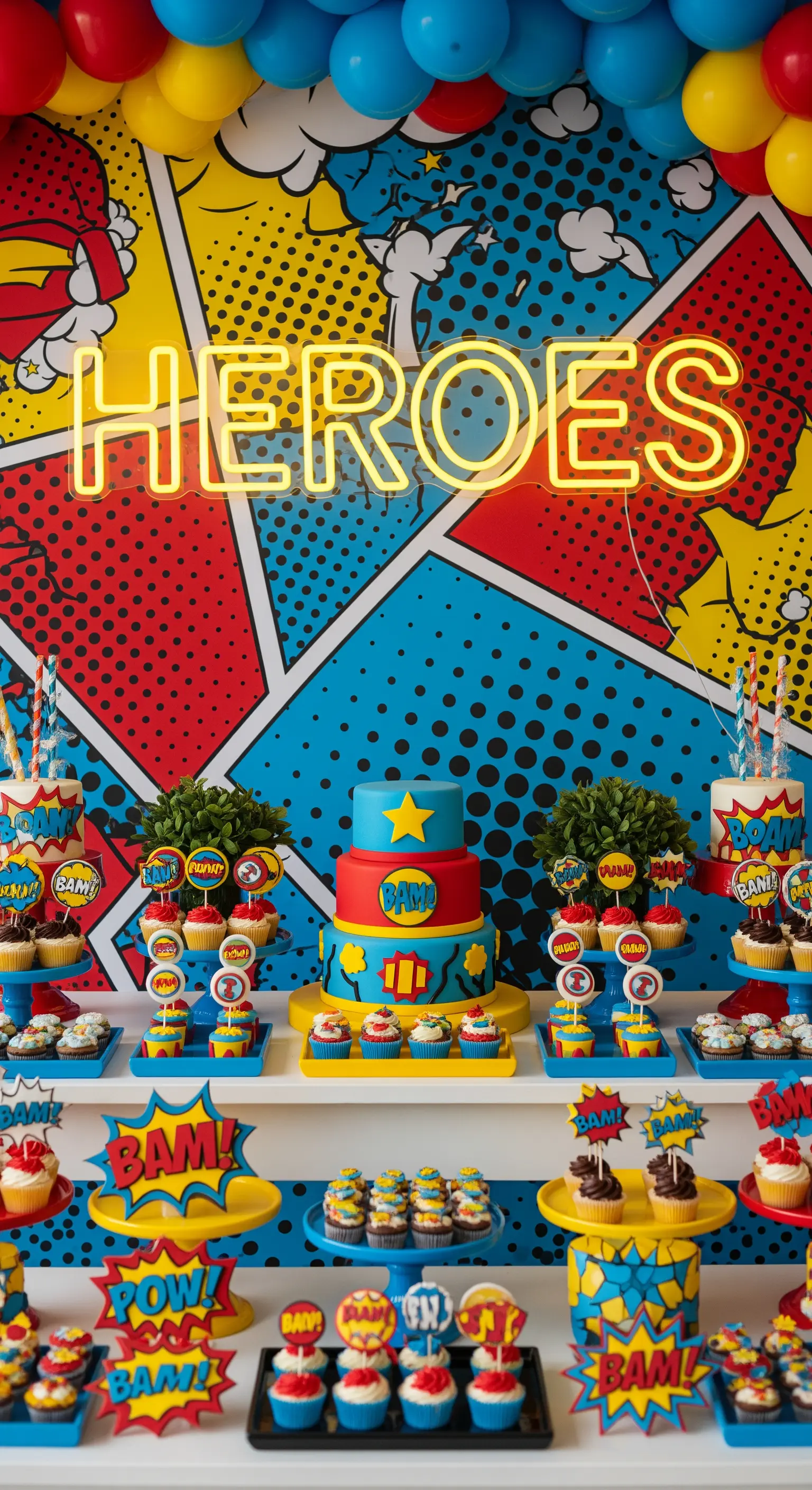 Buffet a tema supereroi con backdrop a fumetti e scritta al neon 'Heroes'.