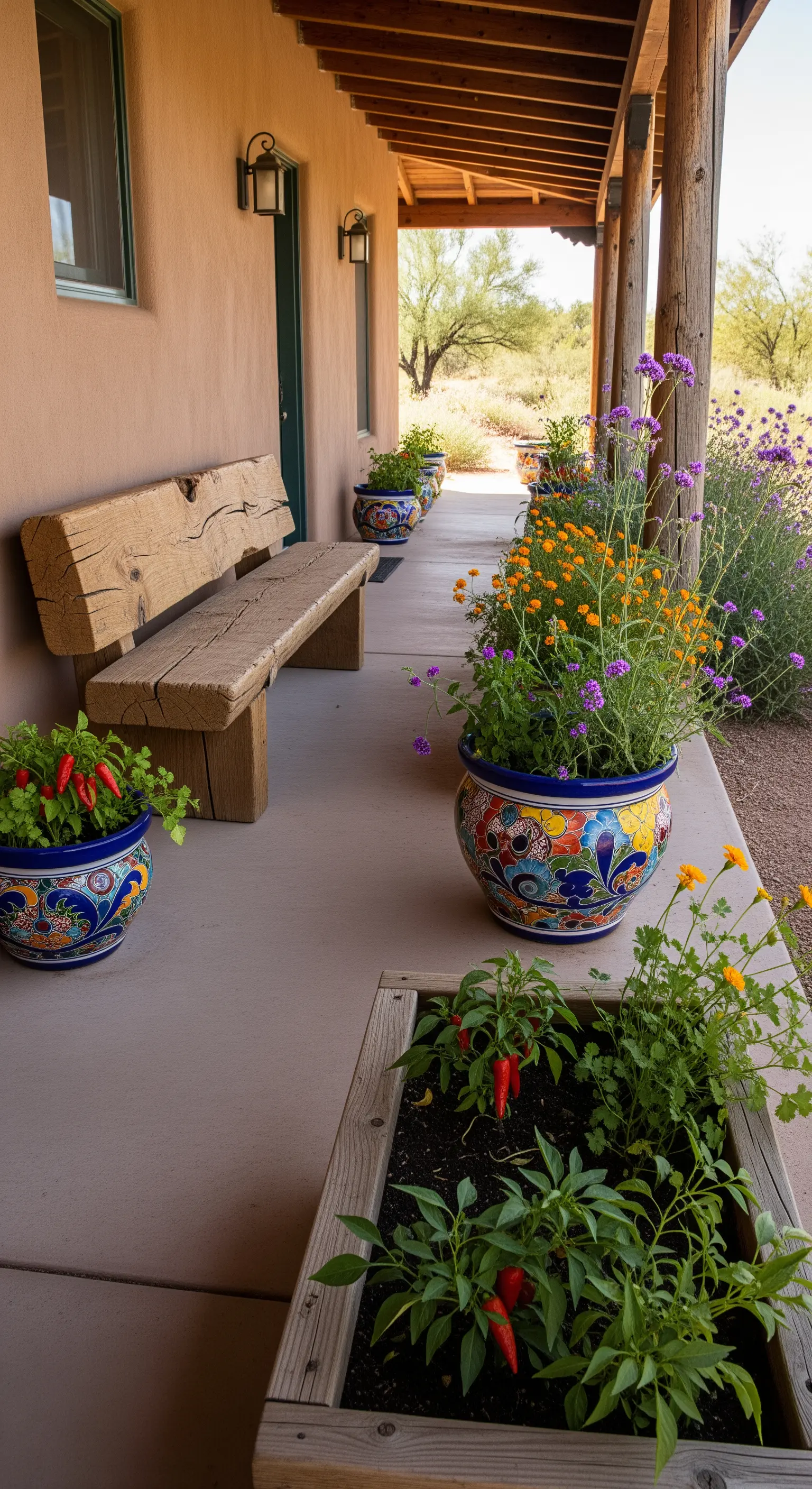 Veranda in stile sudoccidentale con panca in legno grezzo e vasi in ceramica colorata.