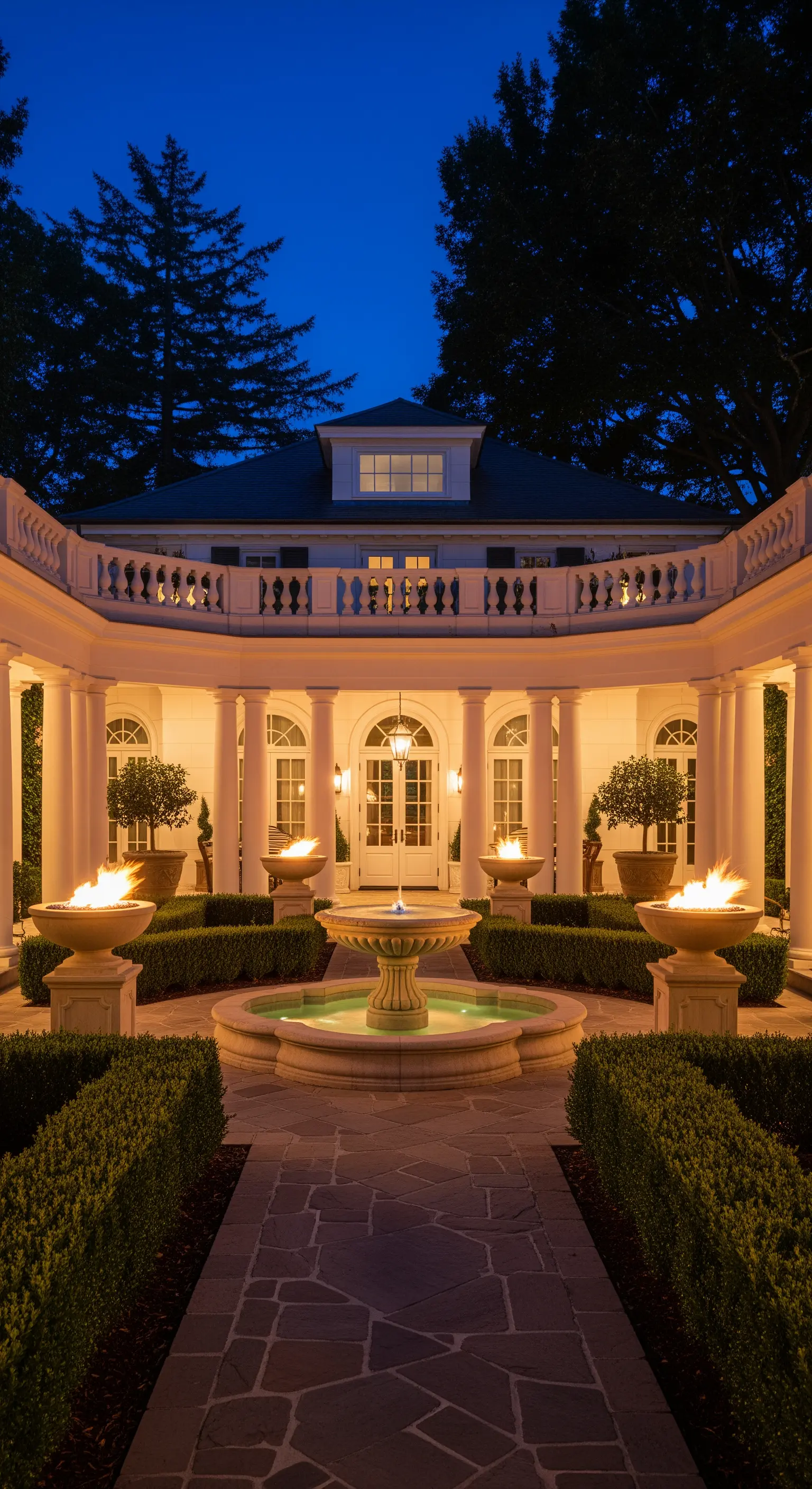 Cortile di una villa di notte con fontana, colonne illuminate e bracieri accesi.