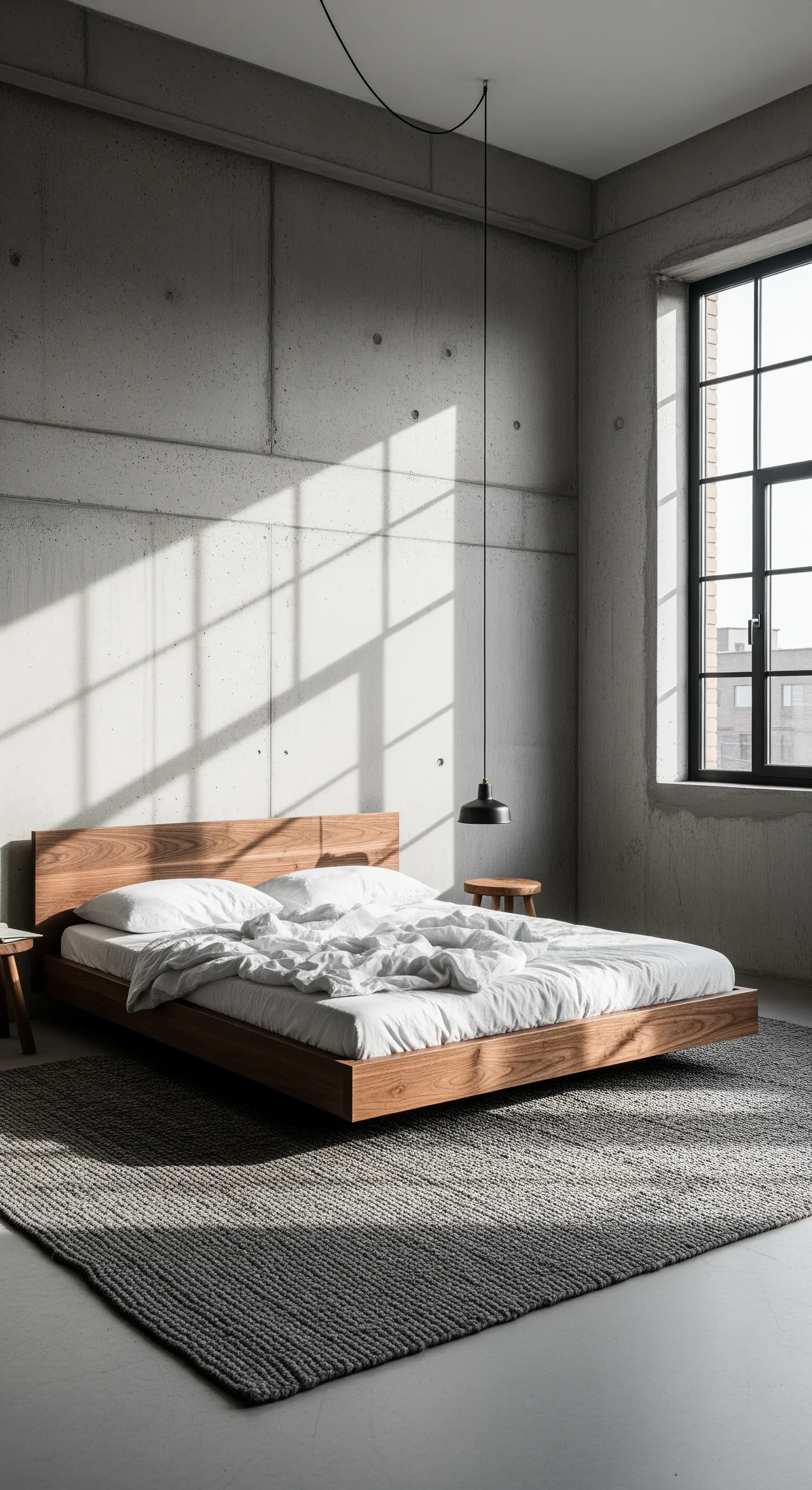 Camera da letto minimalista con parete in cemento, letto basso in legno e grande finestra.