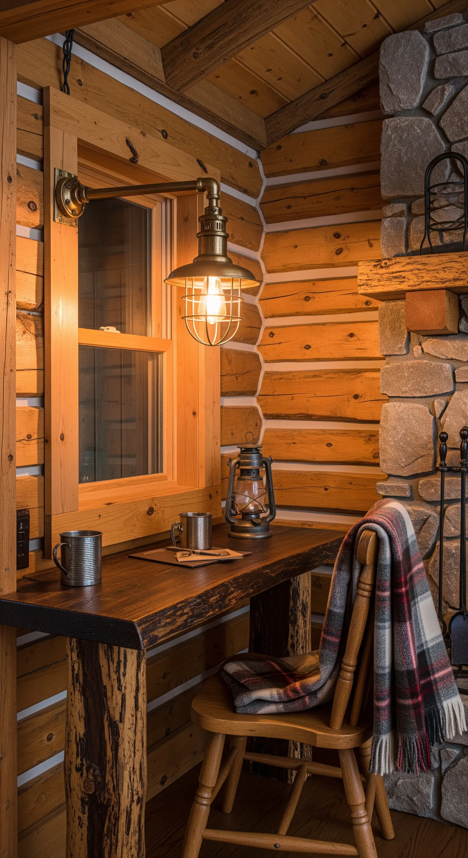 Angolo studio in una baita di legno con scrivania rustica e lampada a gabbia.