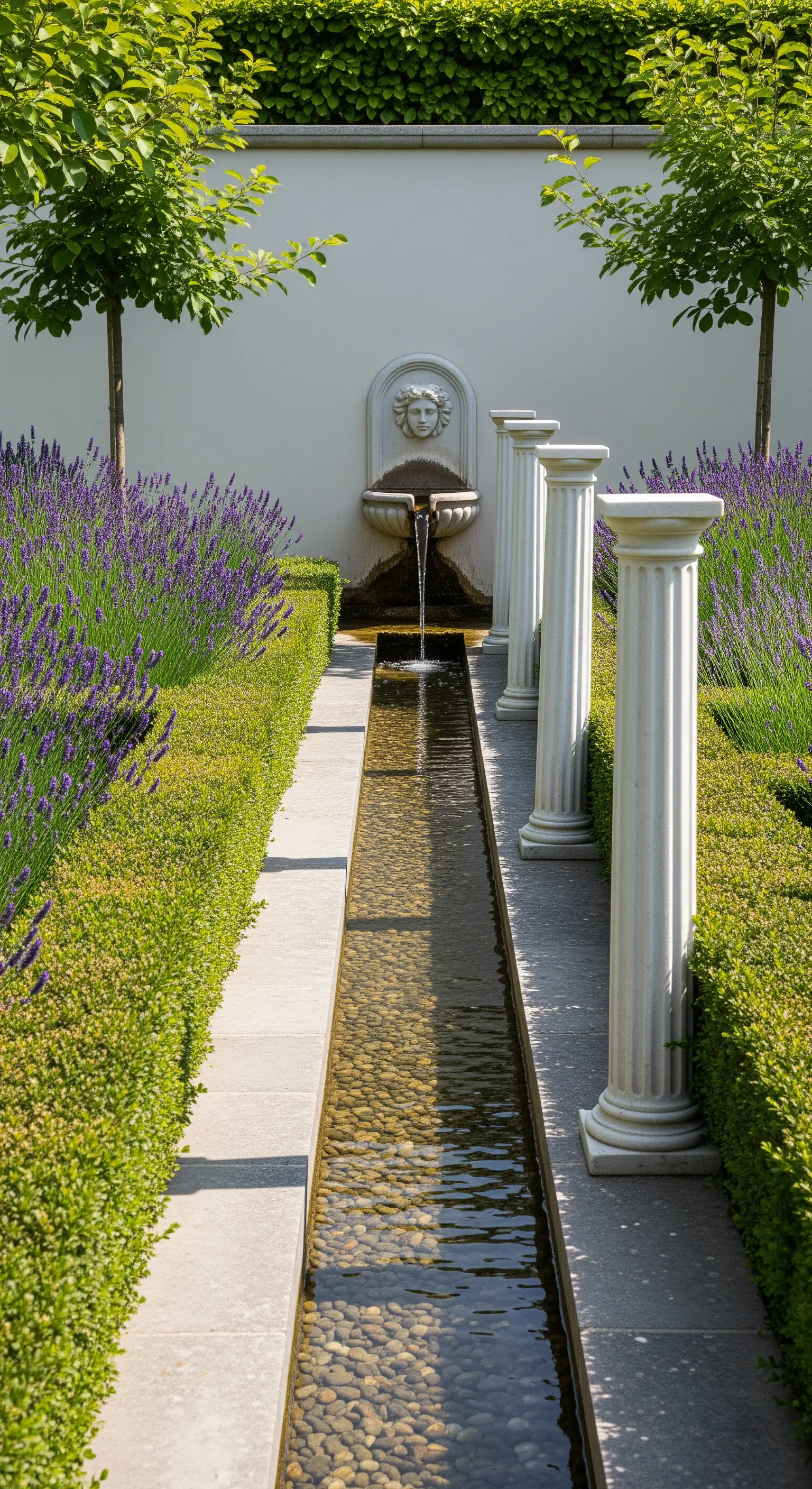 Canale d'acqua stretto fiancheggiato da lavanda e colonnine bianche in un giardino formale.