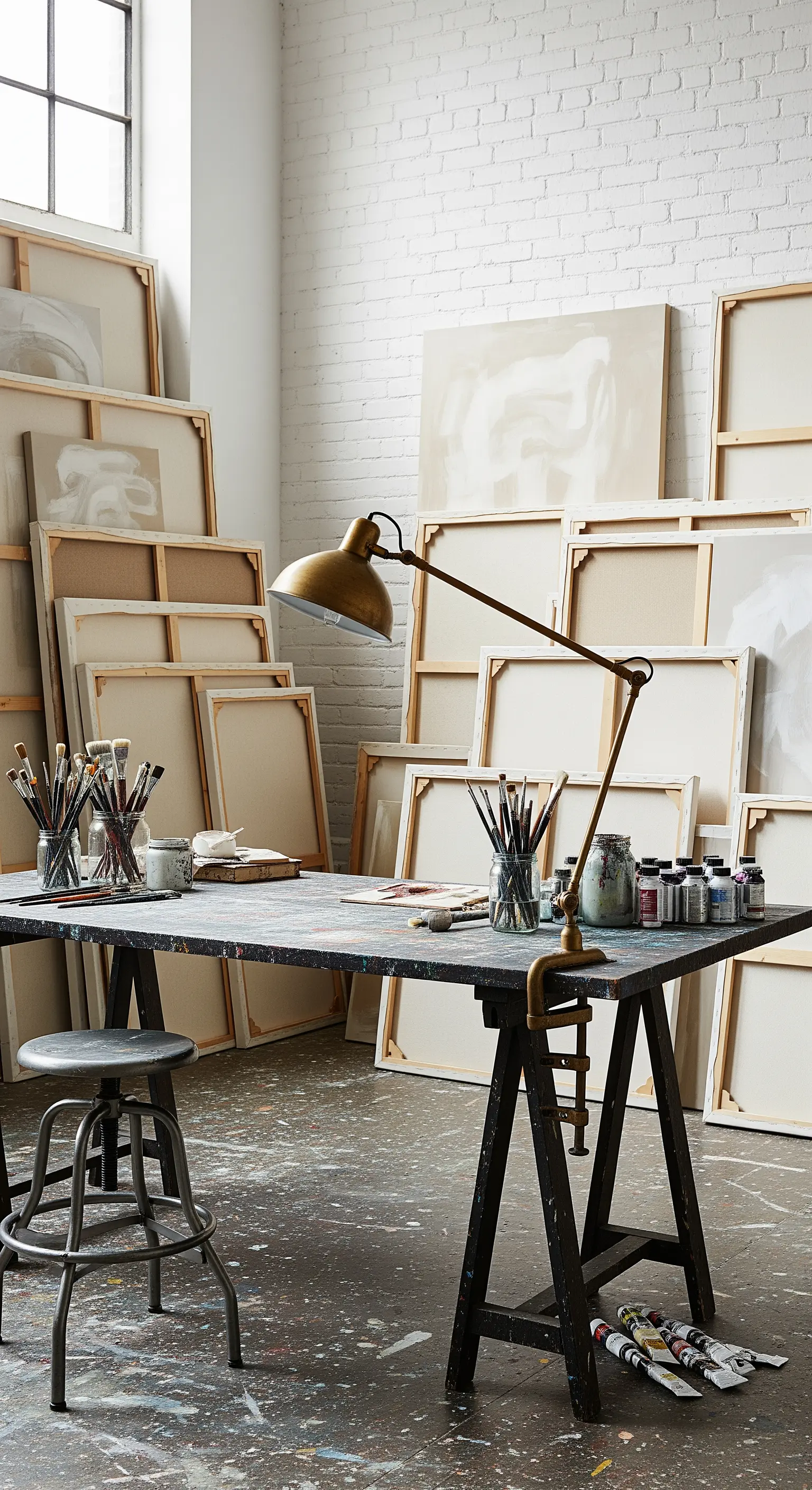 Studio d'artista con grande tavolo da lavoro e lampada orientabile in ottone.