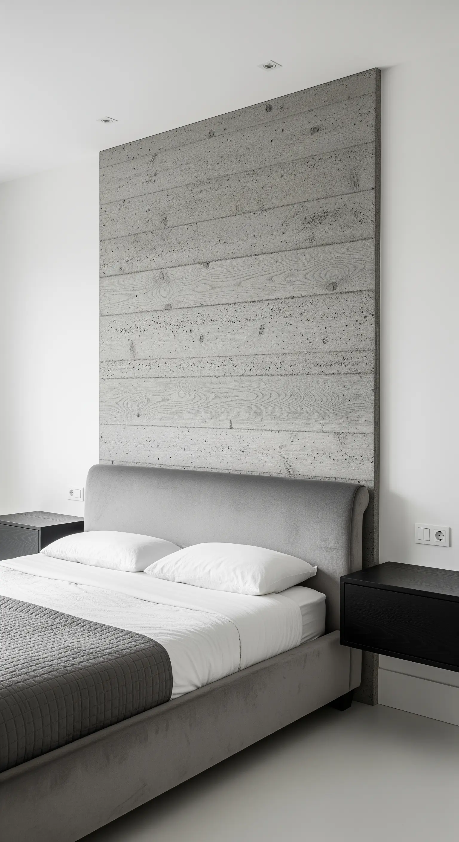 Testiera realizzata con un pannello verticale in cemento a cassettoni dietro un letto grigio.