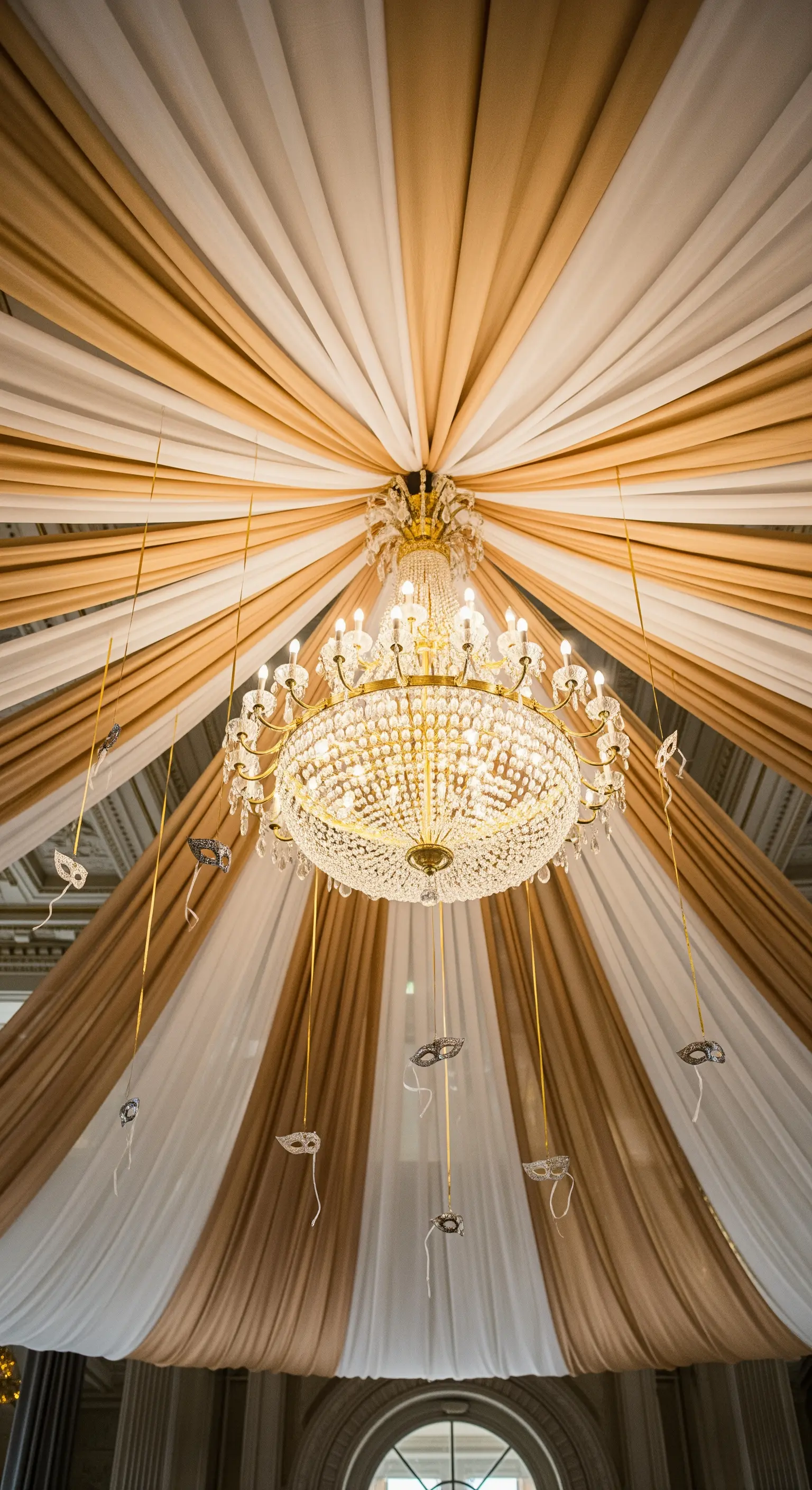 Soffitto decorato con drappi di tessuto oro e bianco e un lampadario di cristallo.