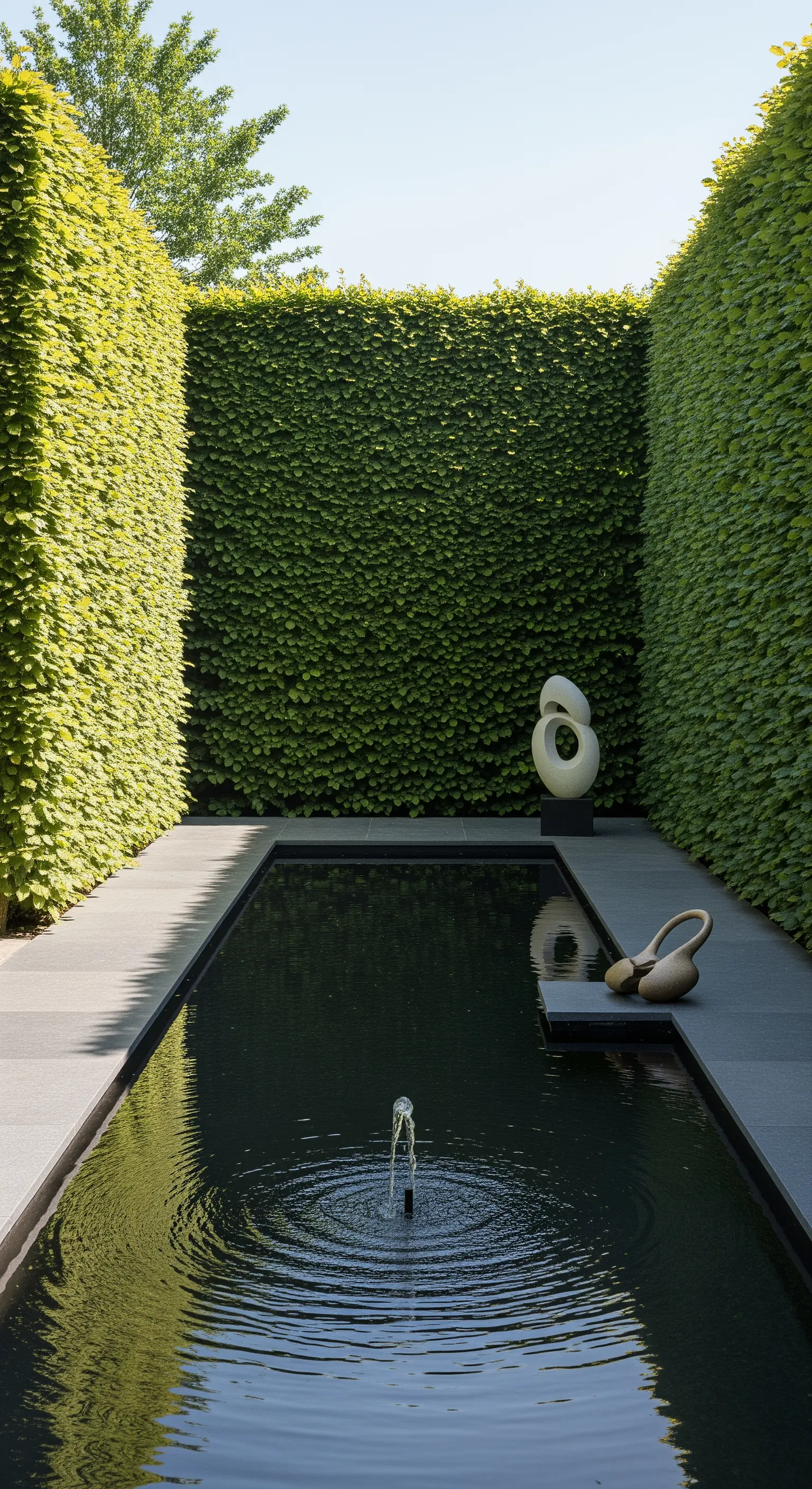 Giardino moderno con vasca d'acqua rettangolare, sculture astratte e alte siepi verdi.