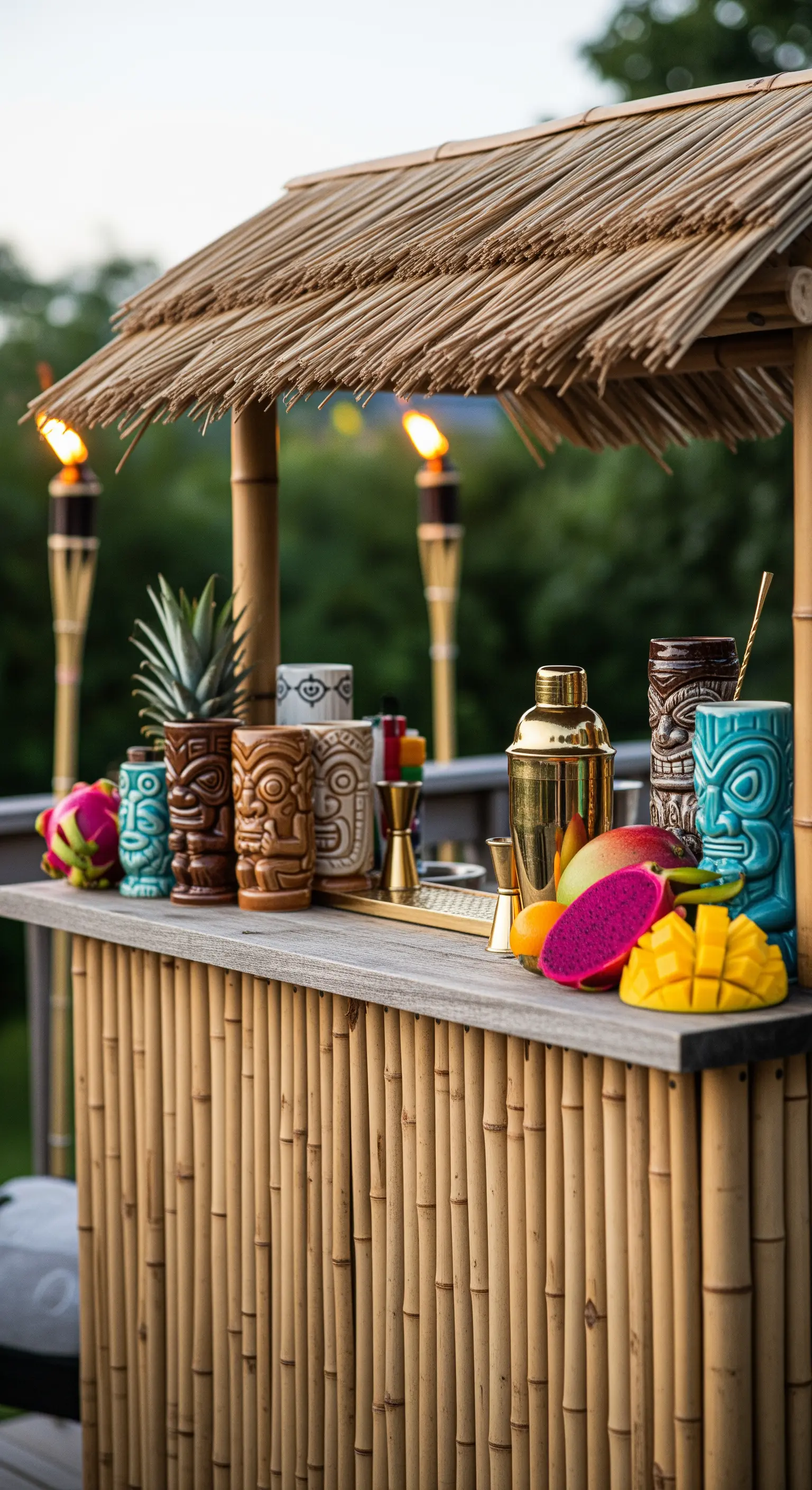 Angolo bar in bambù con tetto di paglia, bicchieri tiki e frutta tropicale.