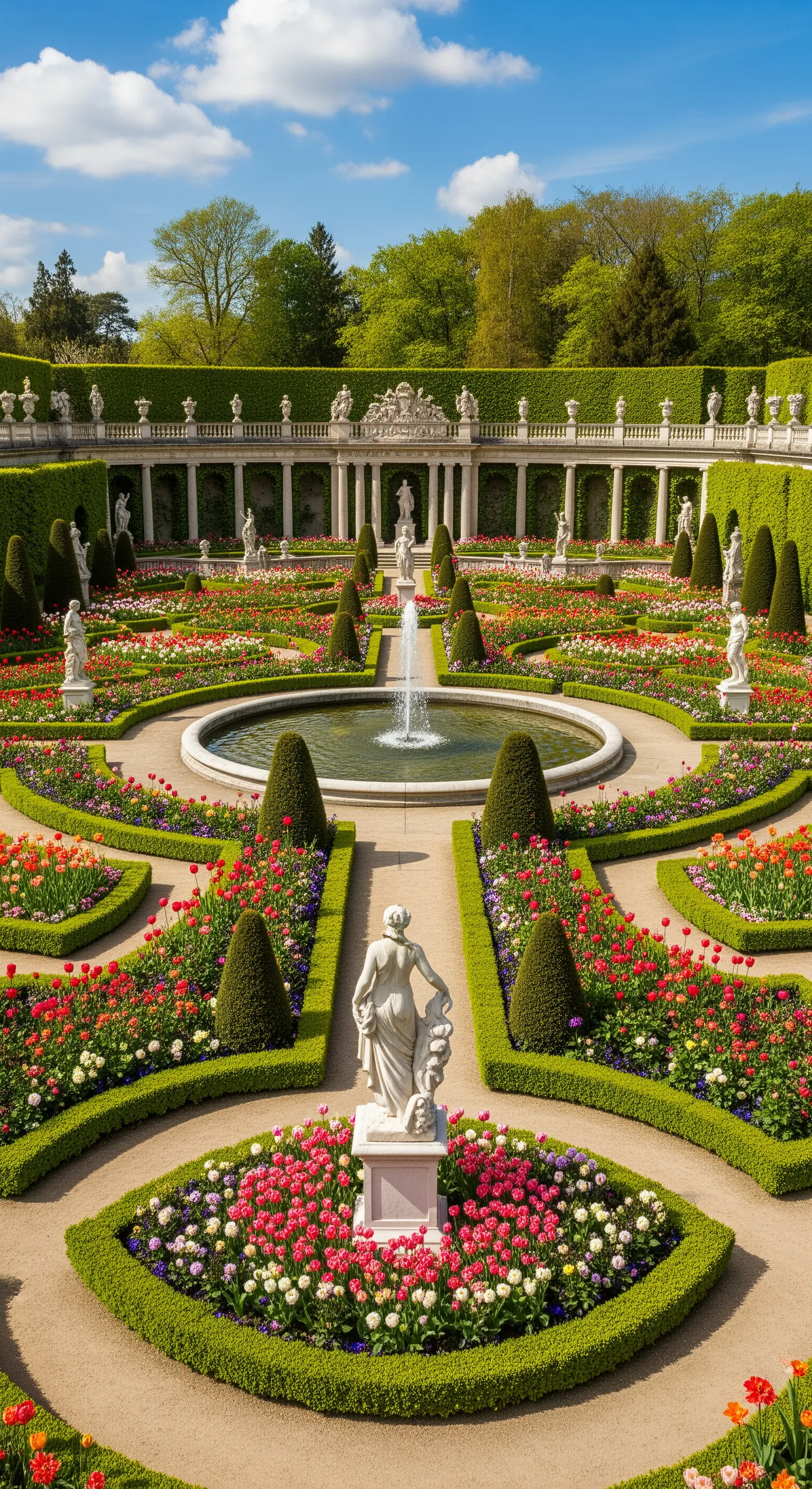 Giardino formale con aiuole geometriche piene di tulipani colorati e una fontana centrale.