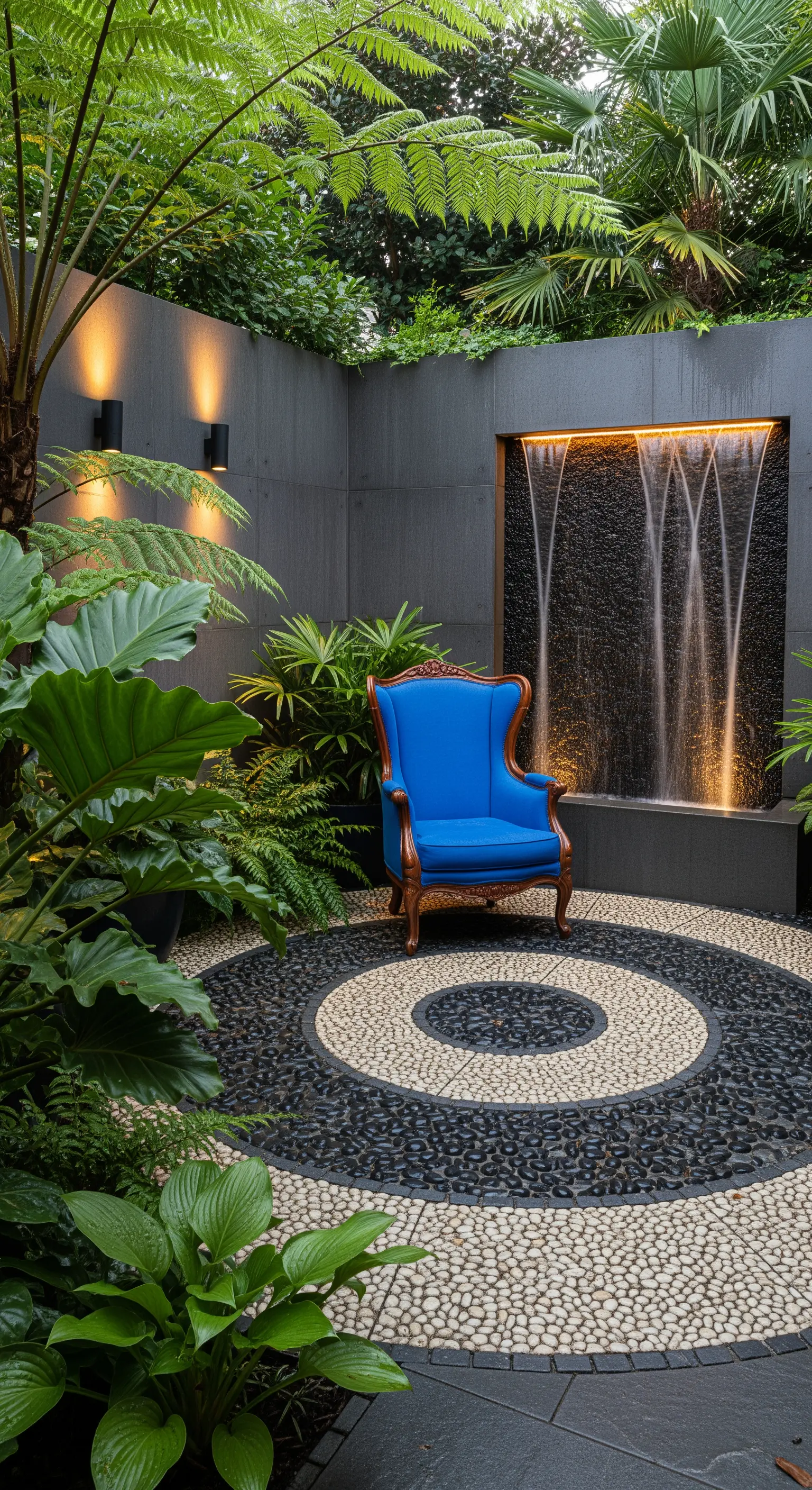 Poltrona barocca blu acceso in un angolo giardino con cascata e pavimento a mosaico di ciottoli