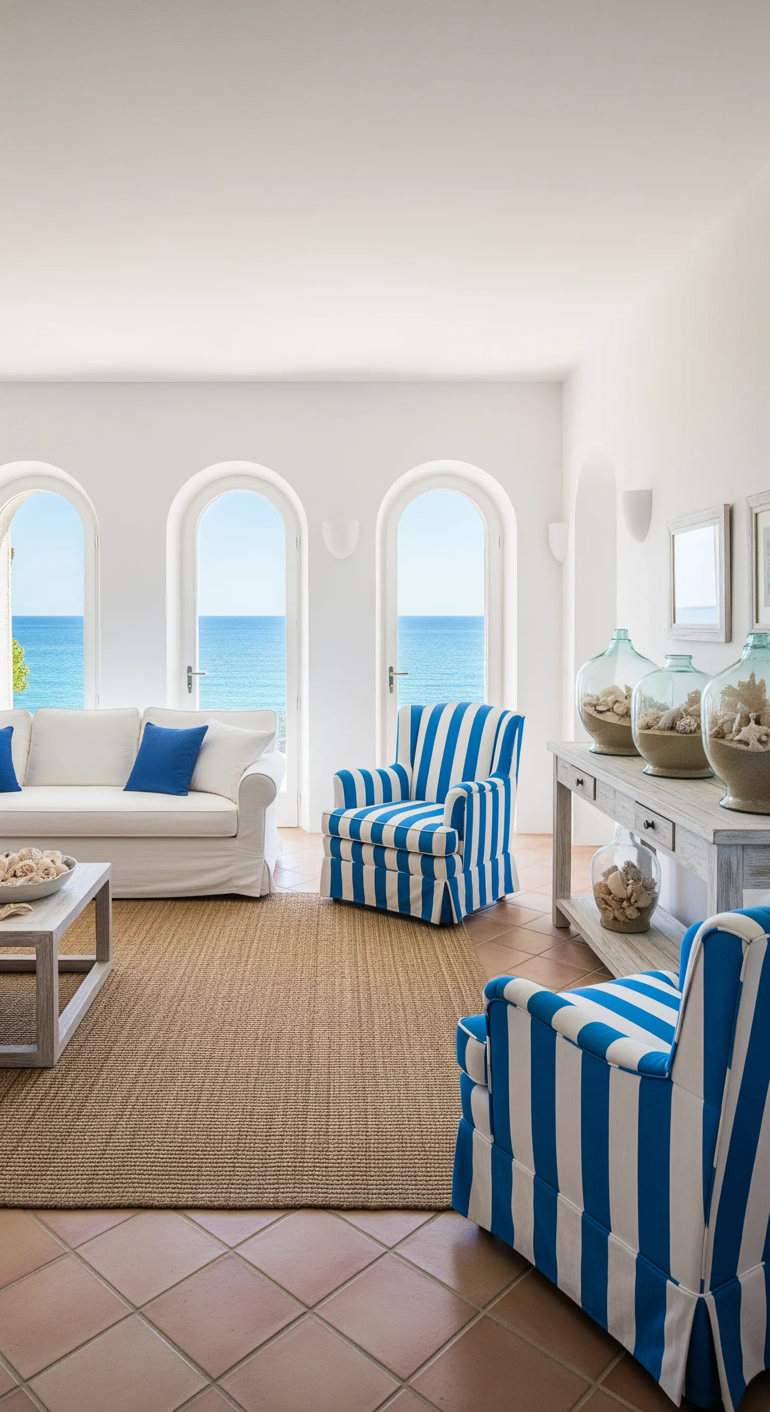 Salotto mediterraneo con poltrone a righe spesse blu e bianche e pavimento in cotto.