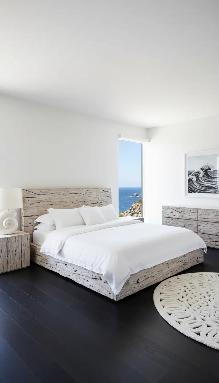 Letto e comodini in legno sbiancato su un pavimento in legno molto scuro.