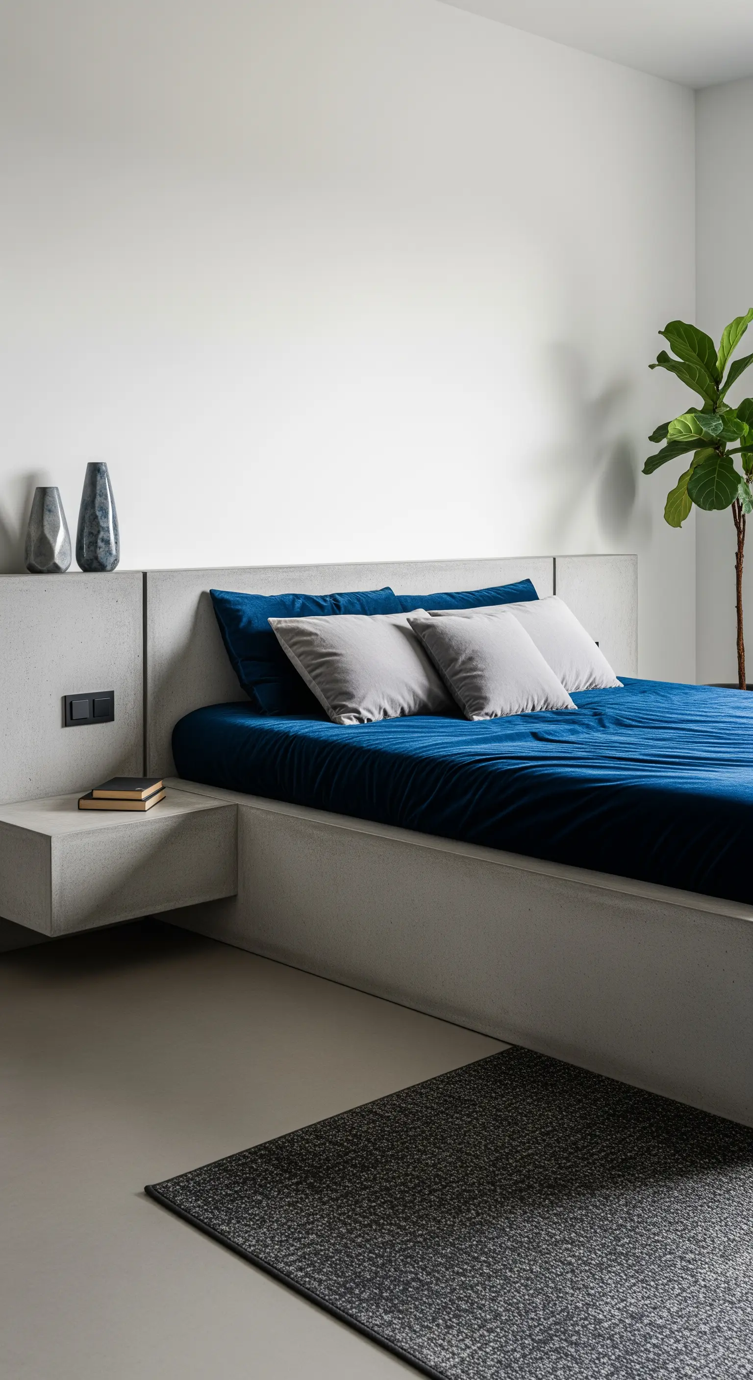 Letto con struttura in cemento e comodino integrato, con lenzuola in velluto blu intenso.