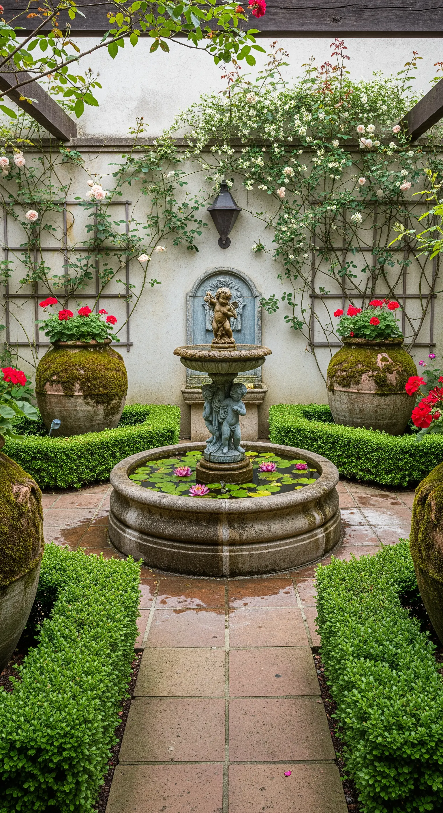 Cortile intimo con fontana classica, vasi in terracotta con muschio e rose rampicanti.