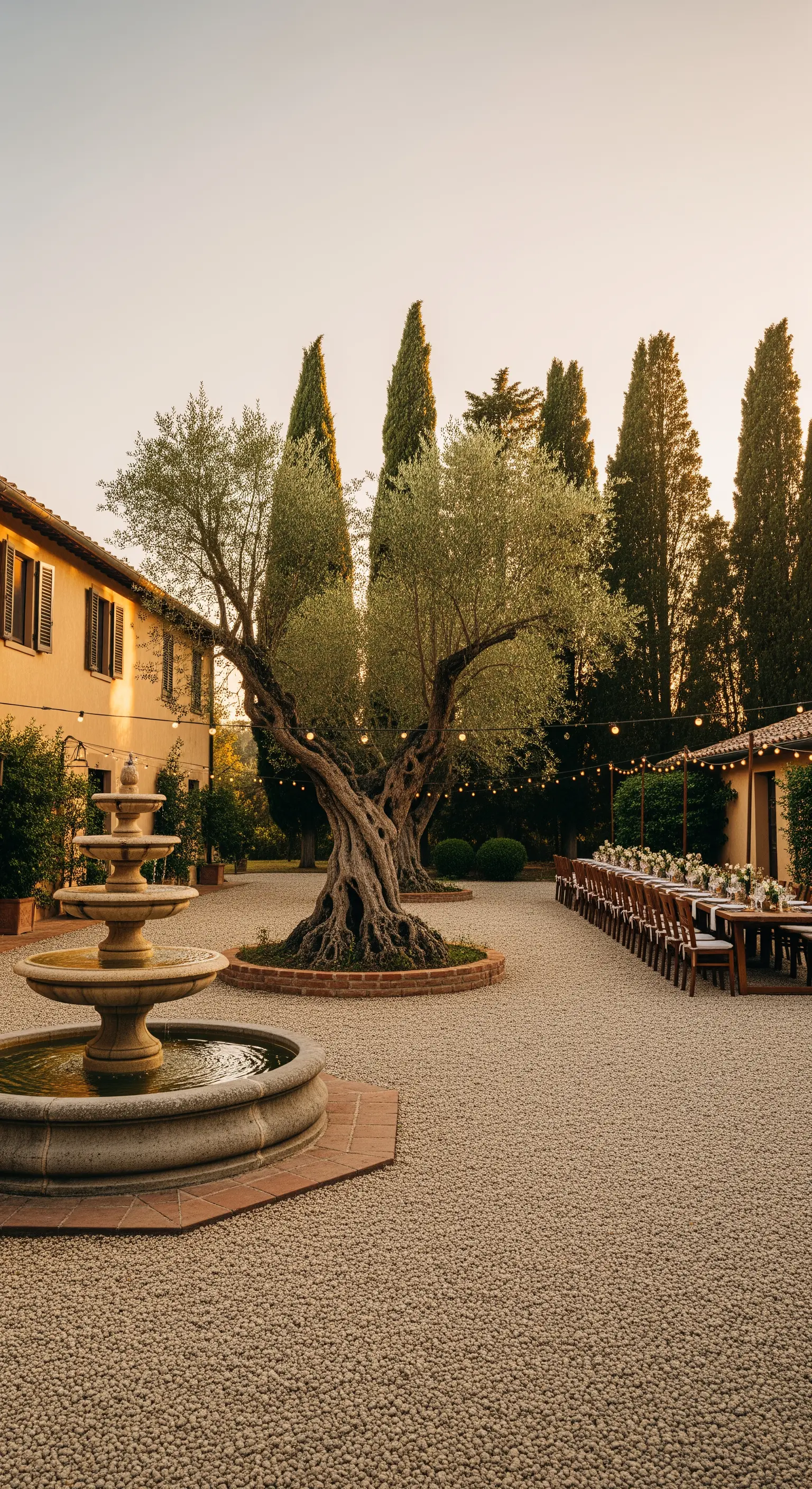 Ulivo secolare al centro di un cortile con fontana e un lungo tavolo per cene all'aperto.