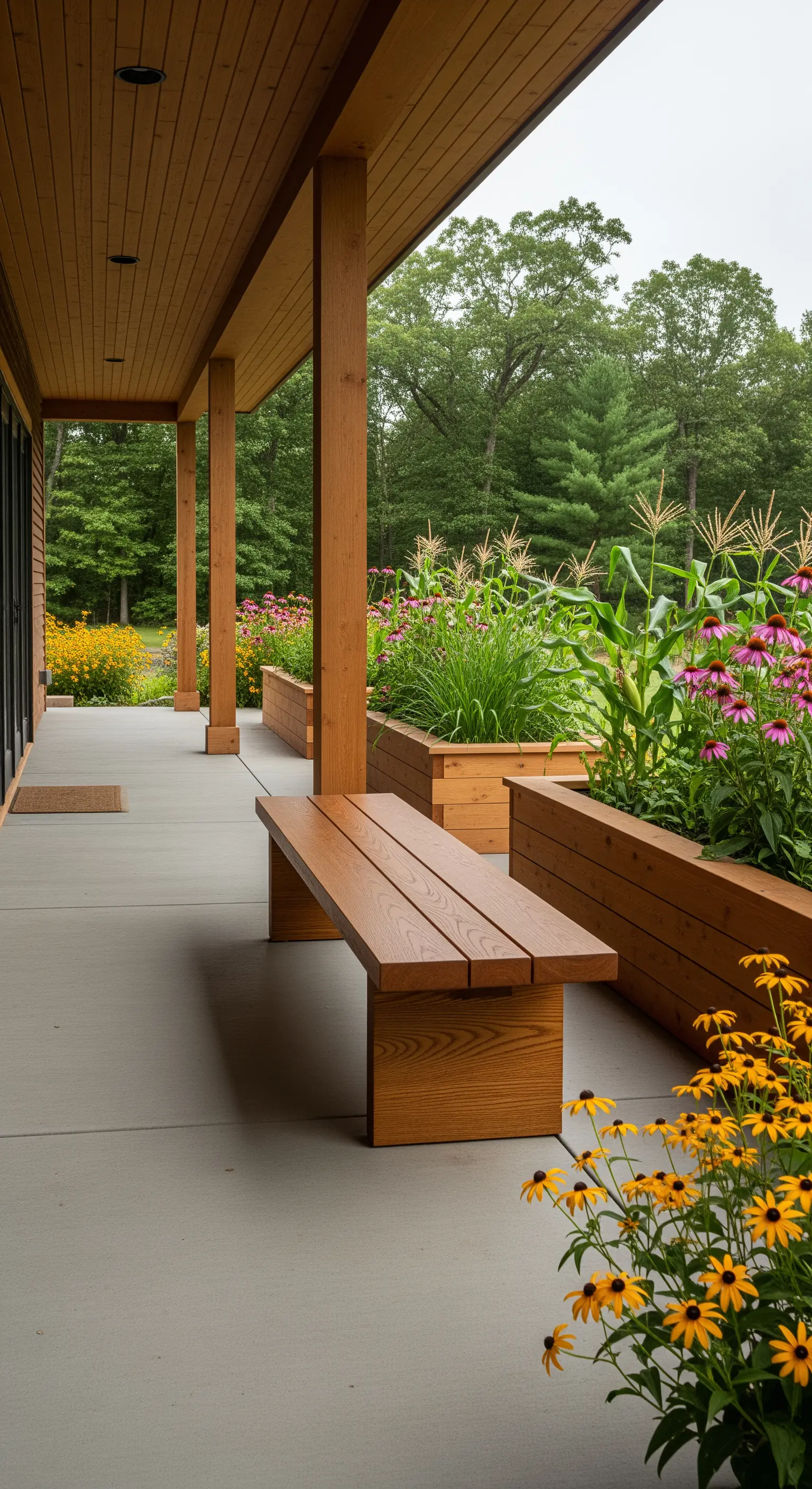 Veranda moderna con pavimento in cemento, fioriere in legno e una panca dal design minimalista.